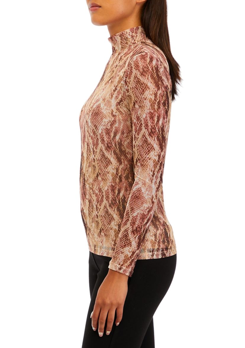 Womens Printed Mesh Long Sleeve Zip Back Mock Neck Top