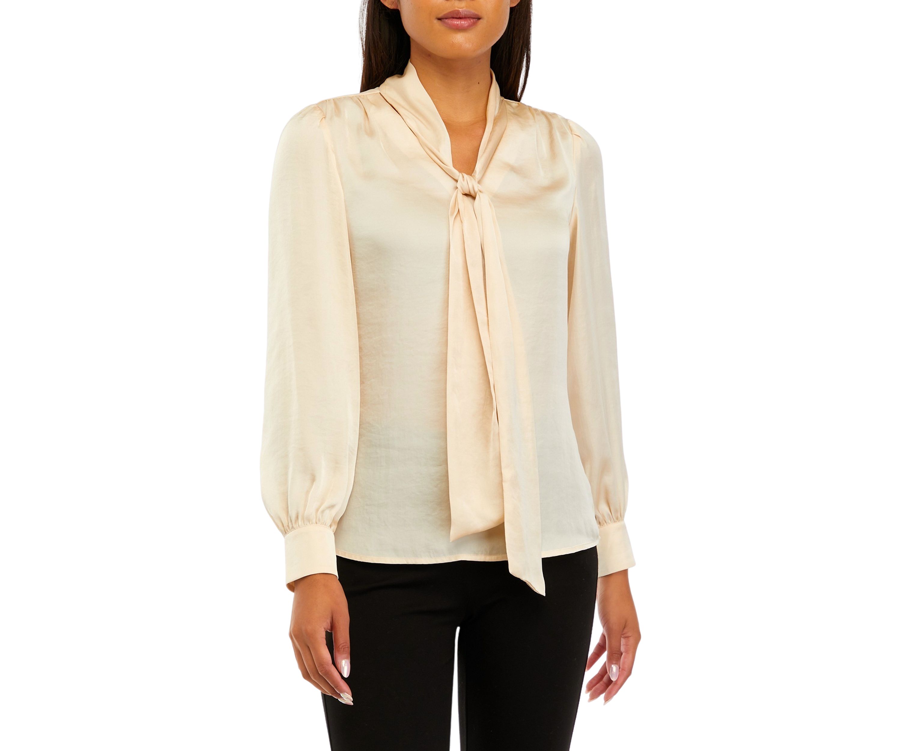 Womens Long Sleeve Tie Neck Blouse with Cuffs 