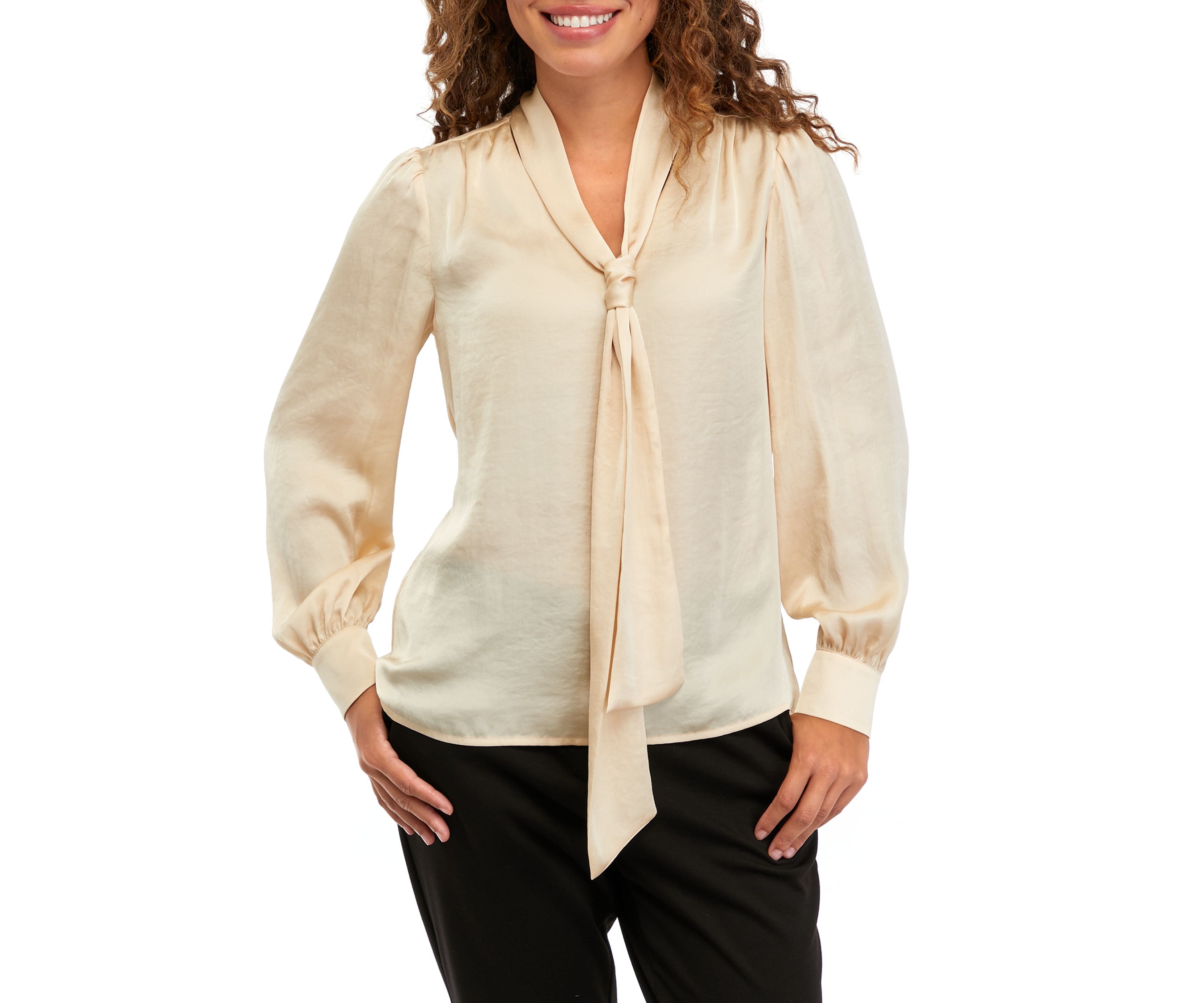 Petite Blouson Sleeve Tie Neck Blouse