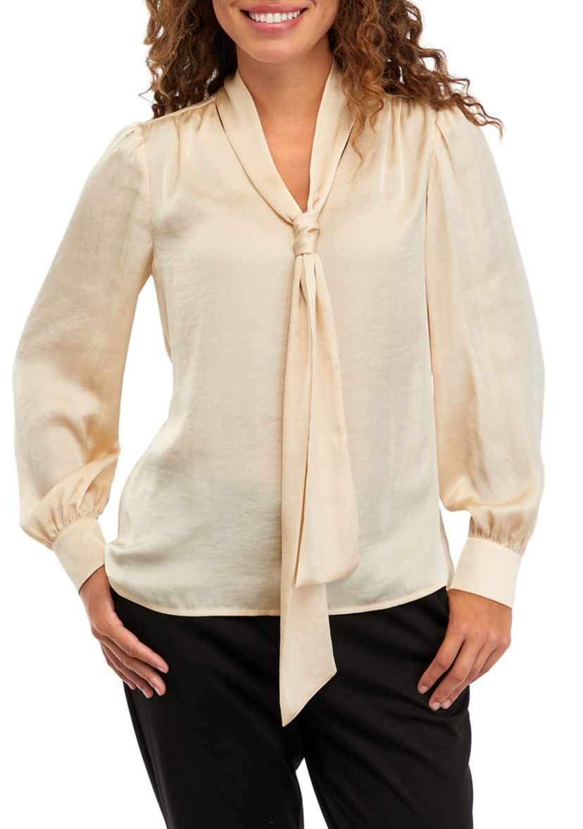 Petite Blouson Sleeve Tie Neck Blouse