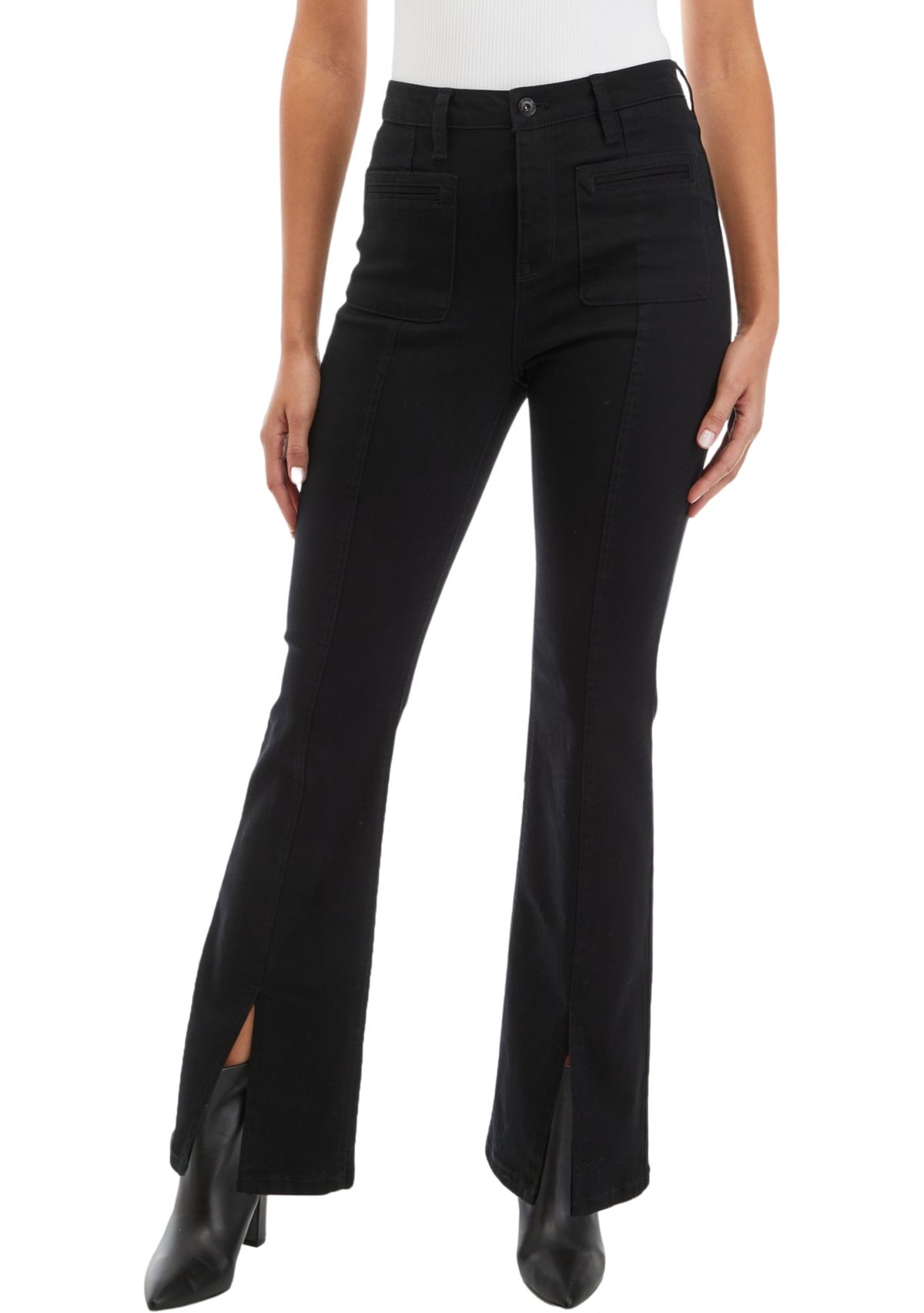 Womens Seamed High Rise Fly Front Pocket Flare Pants