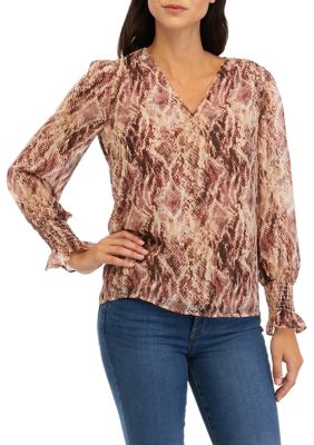 Anne Klein Women's Printed Blouse with Smocked Sleeves