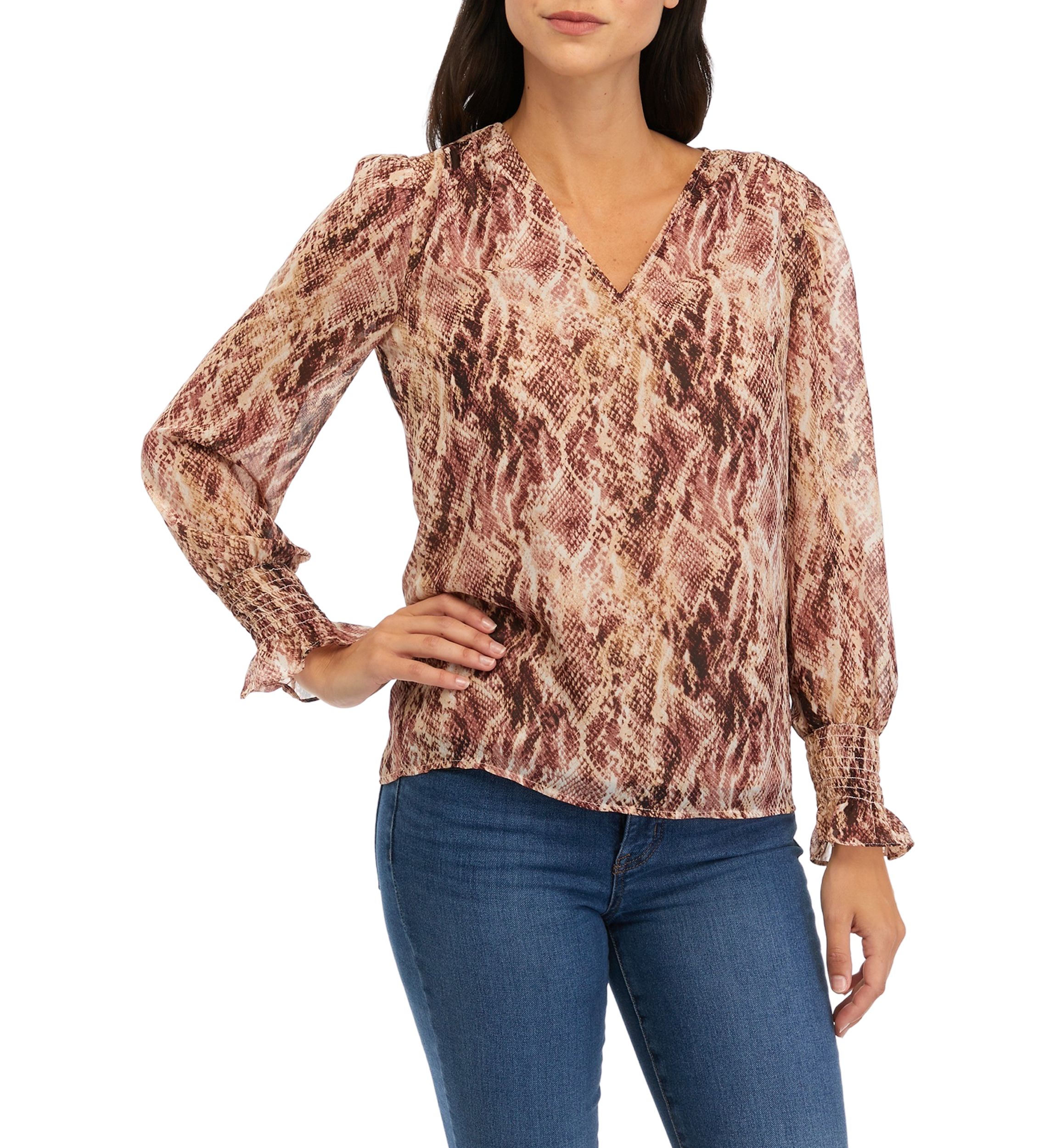 Womens Printed Blouse with Smocked Sleeves