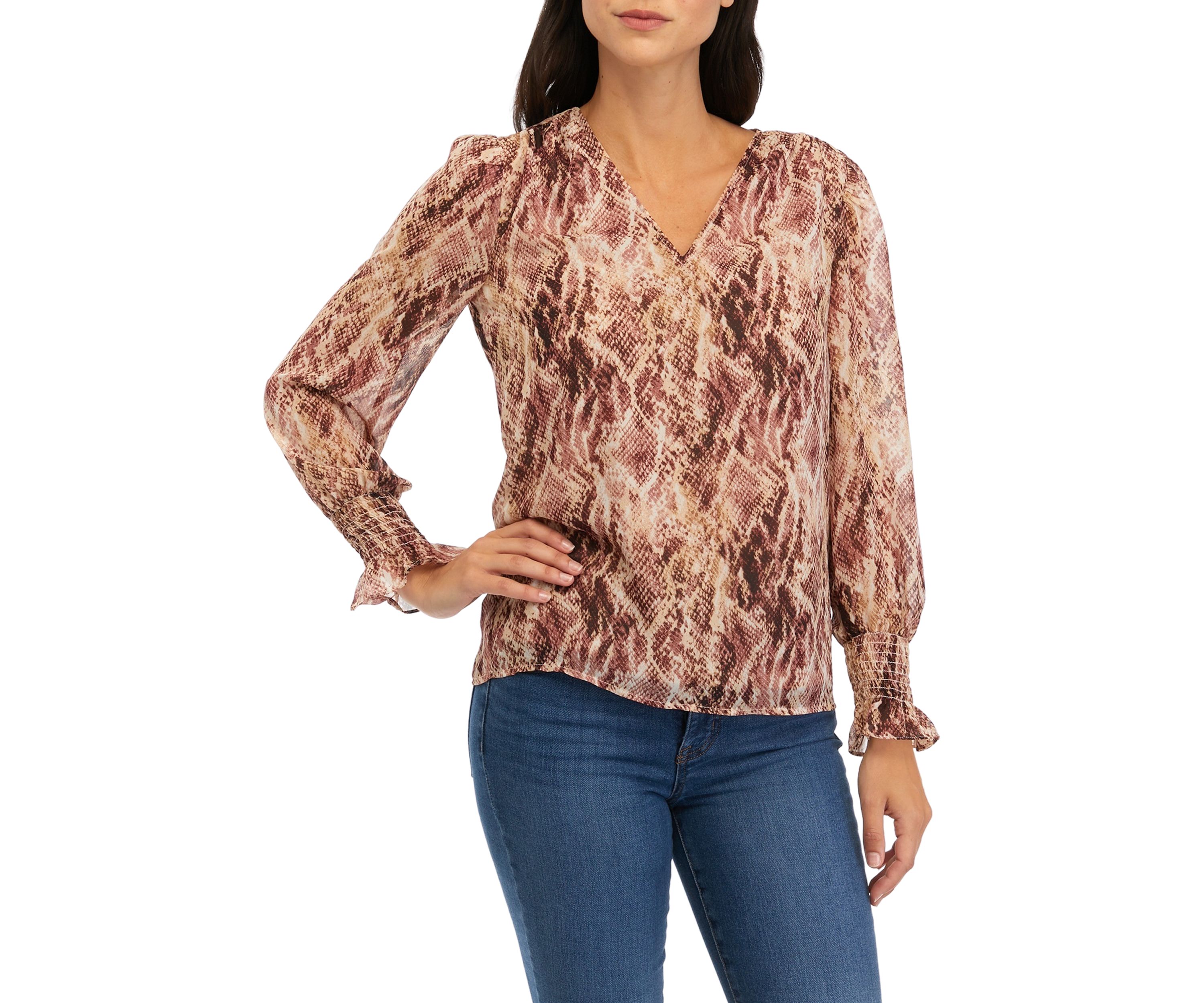 Womens Printed Blouse with Smocked Sleeves