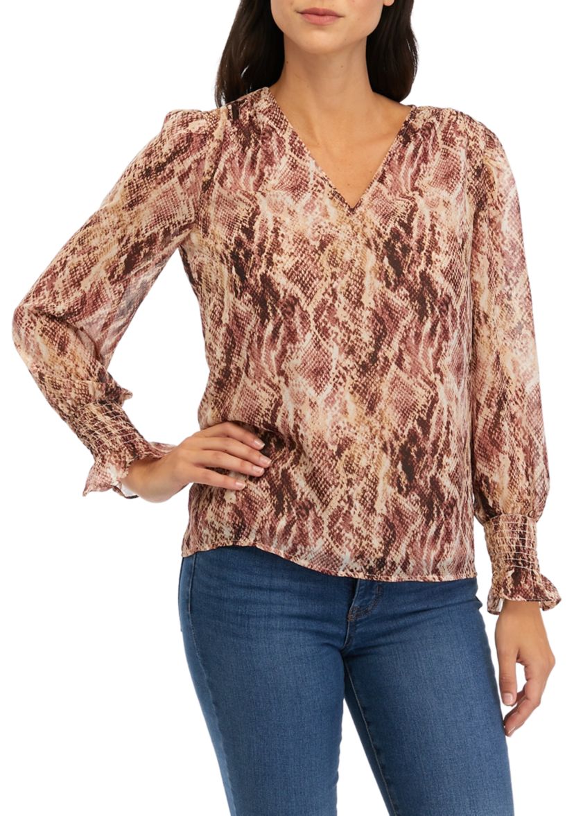 Womens Printed Blouse with Smocked Sleeves