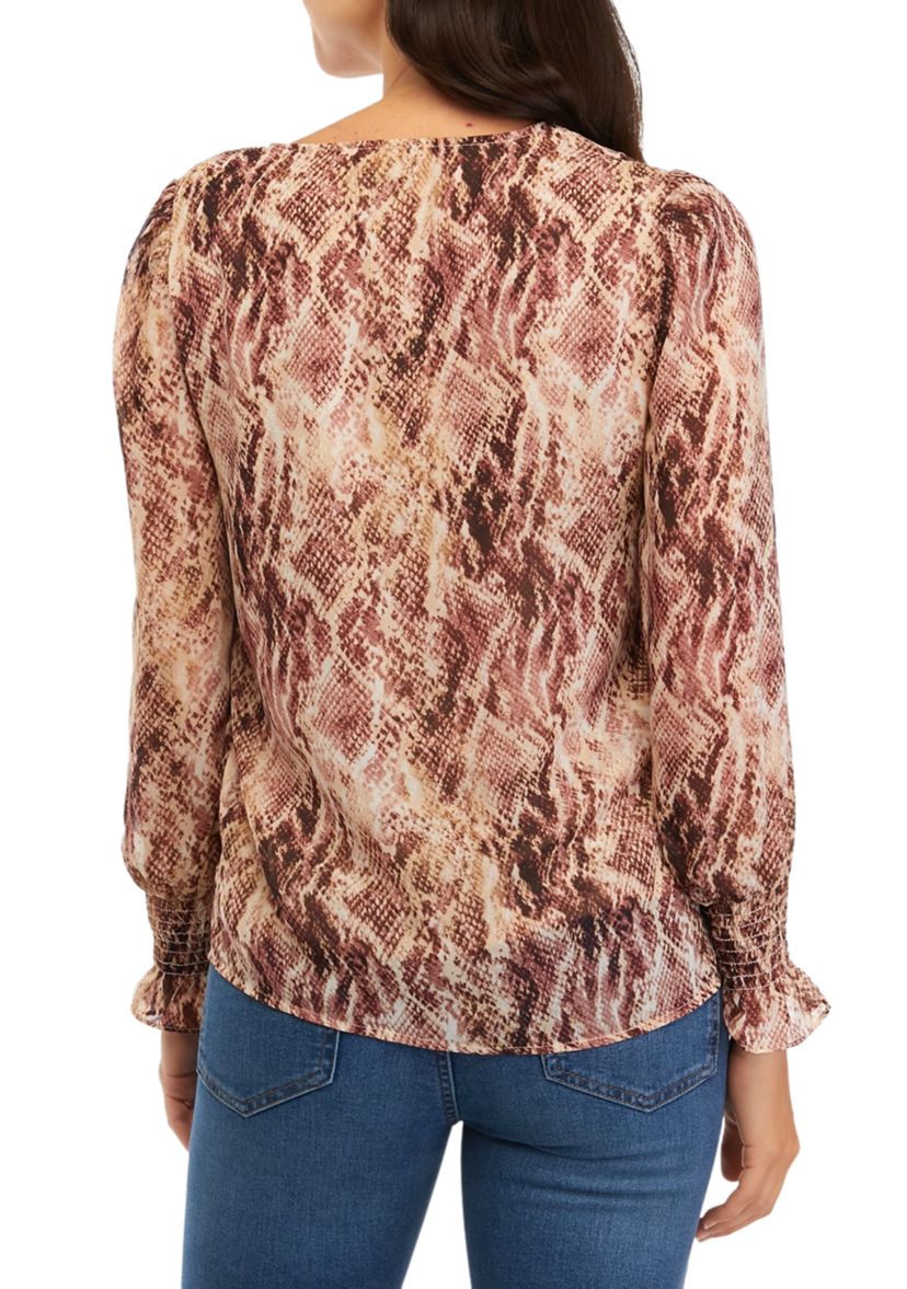 Womens Printed Blouse with Smocked Sleeves