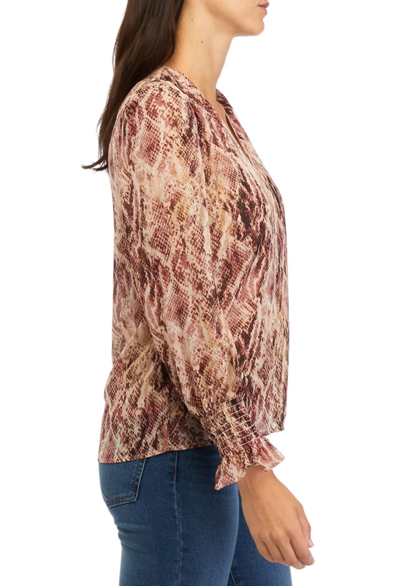 Womens Printed Blouse with Smocked Sleeves