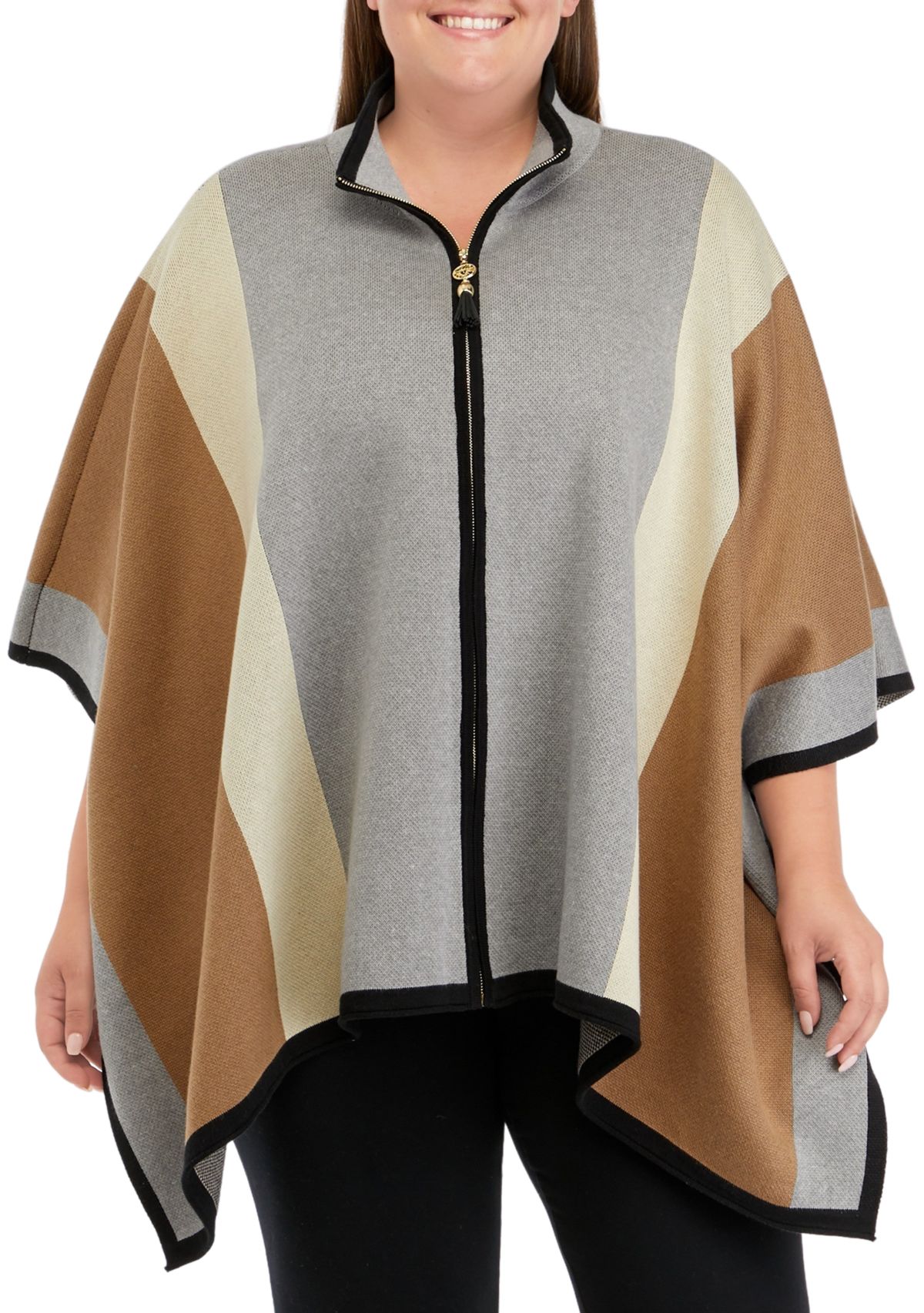 Plus Size Vertical Stripe Zip Front Cape