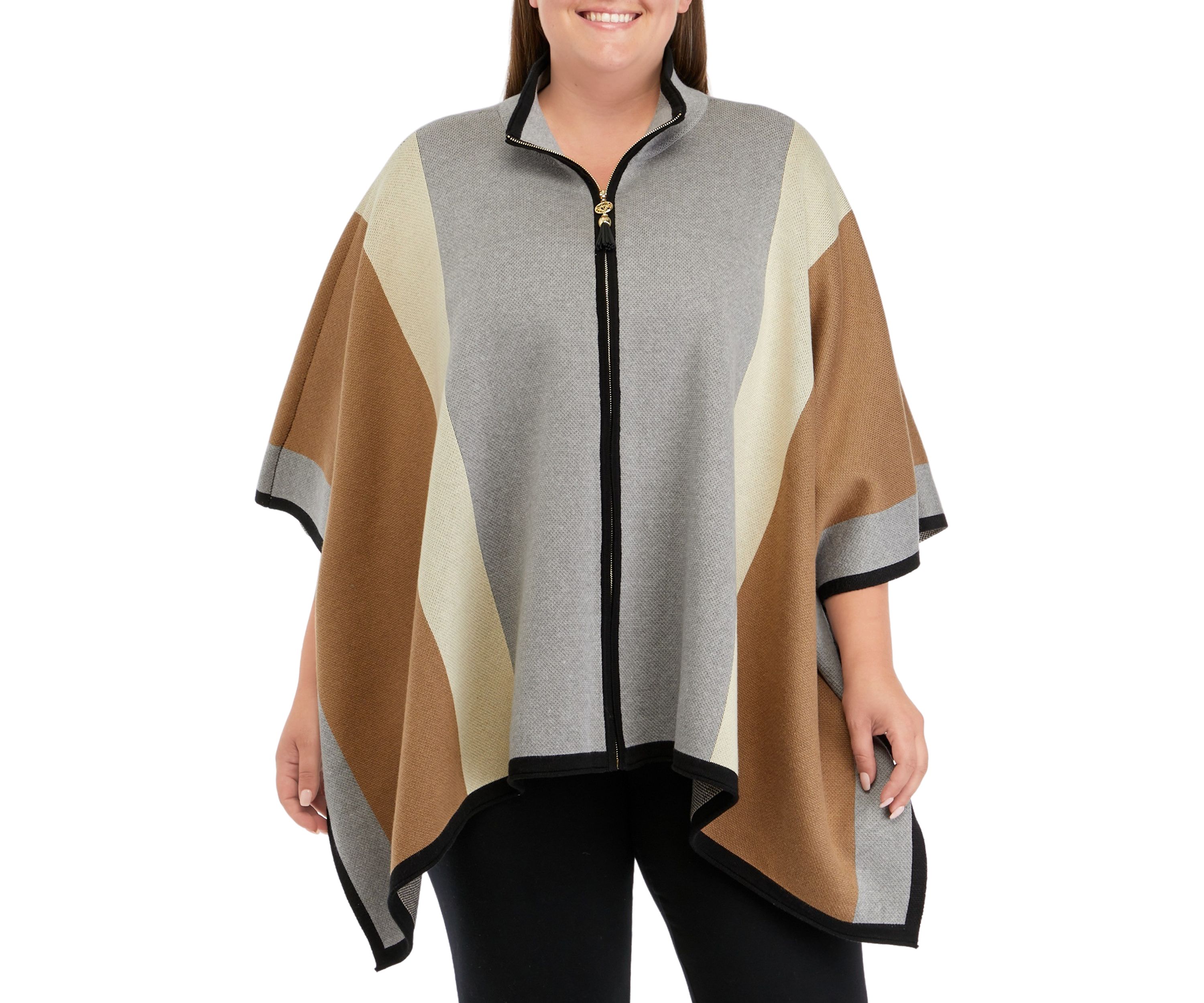 Plus Size Vertical Stripe Zip Front Cape