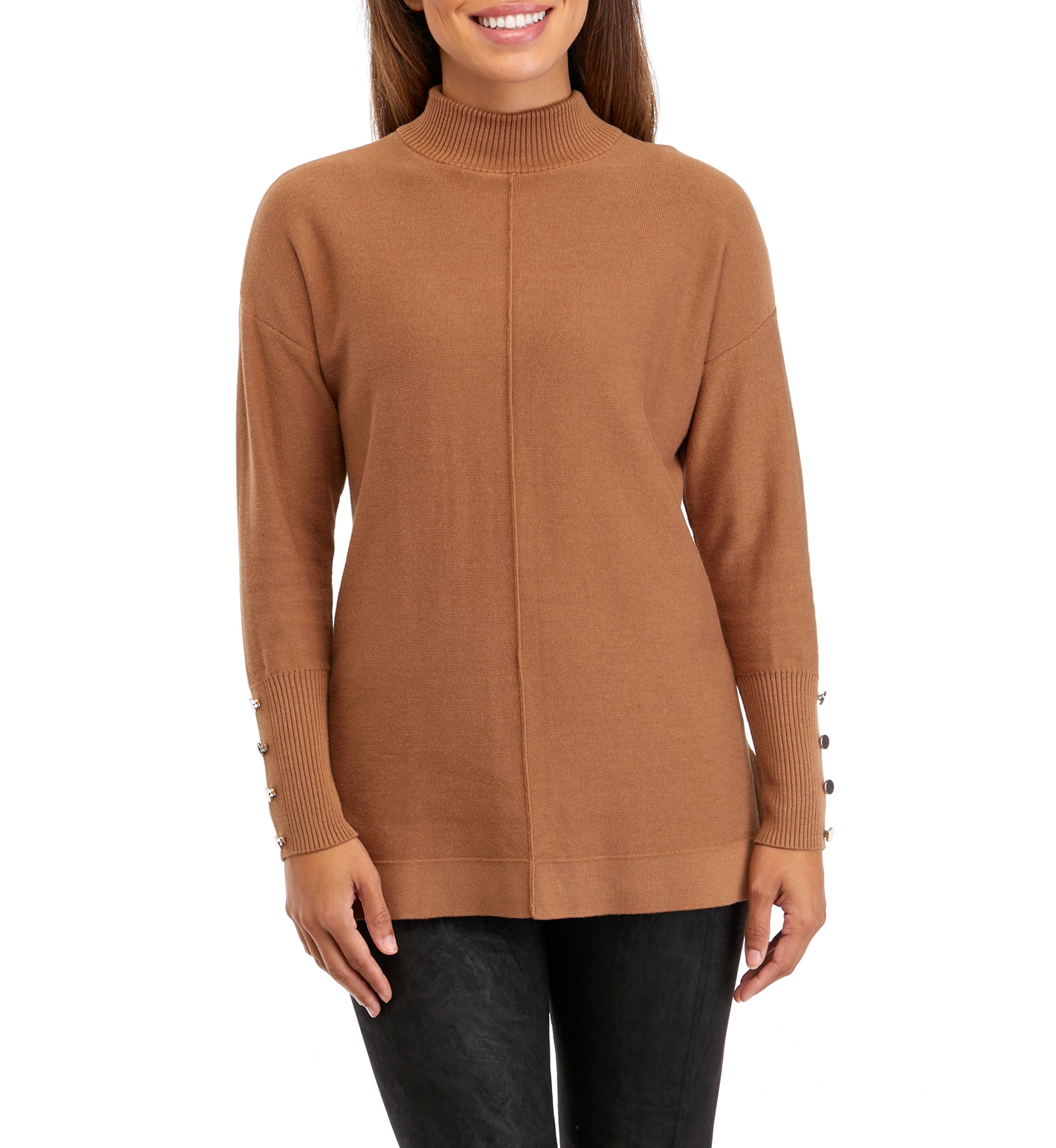 Petite Long Sleeve Mock Neck Sweater with Buttons
