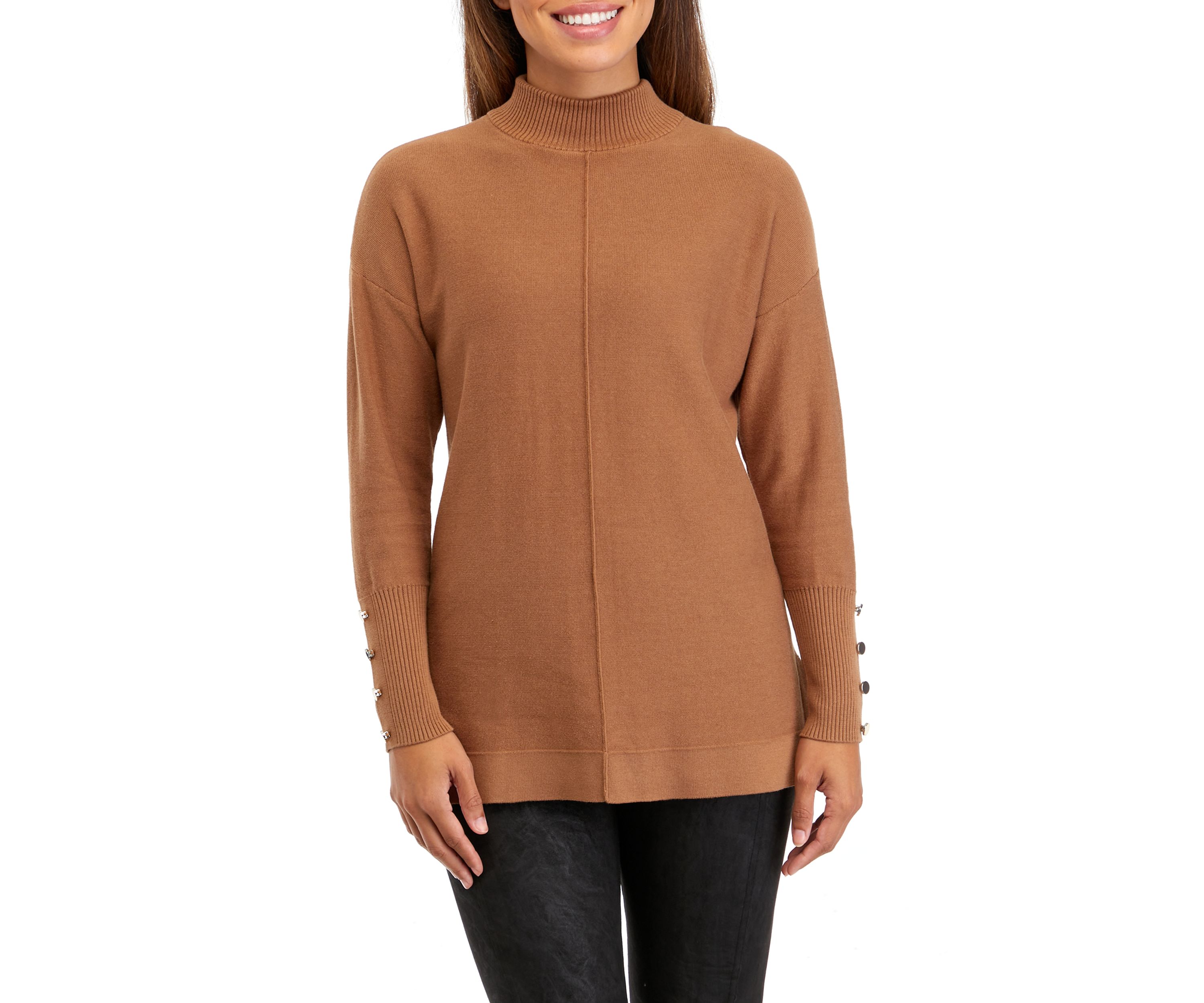 Petite Long Sleeve Mock Neck Sweater with Buttons