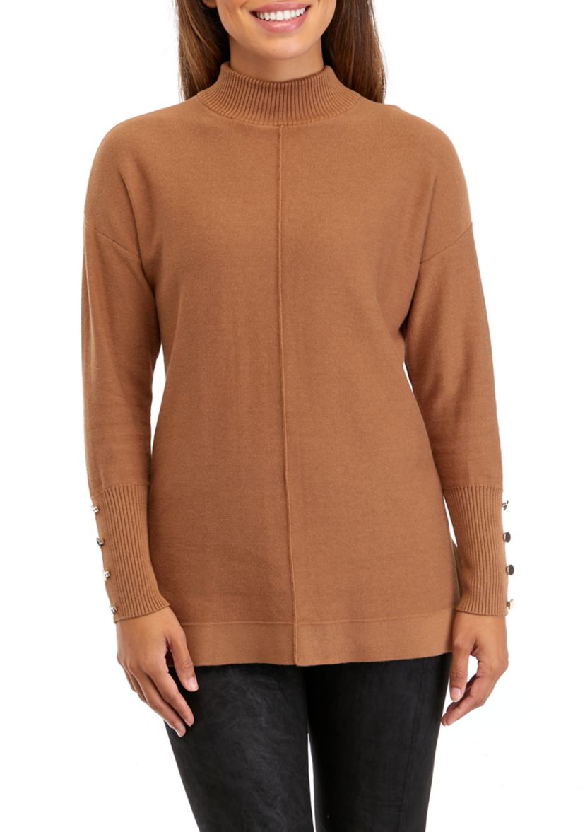 Petite Long Sleeve Mock Neck Sweater with Buttons