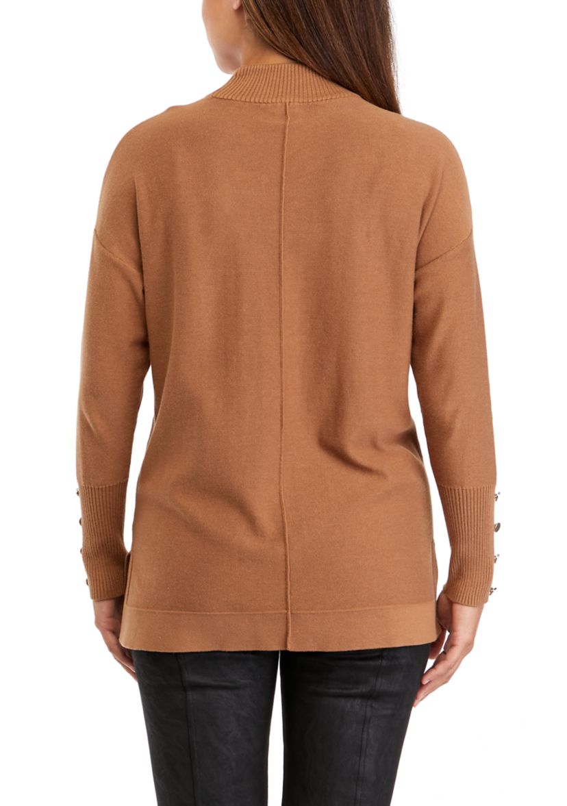 Petite Long Sleeve Mock Neck Sweater with Buttons