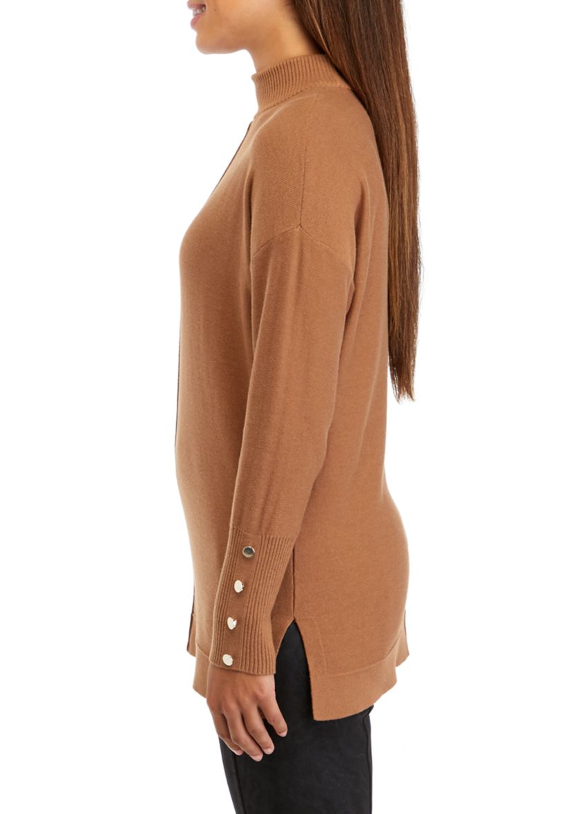 Petite Long Sleeve Mock Neck Sweater with Buttons