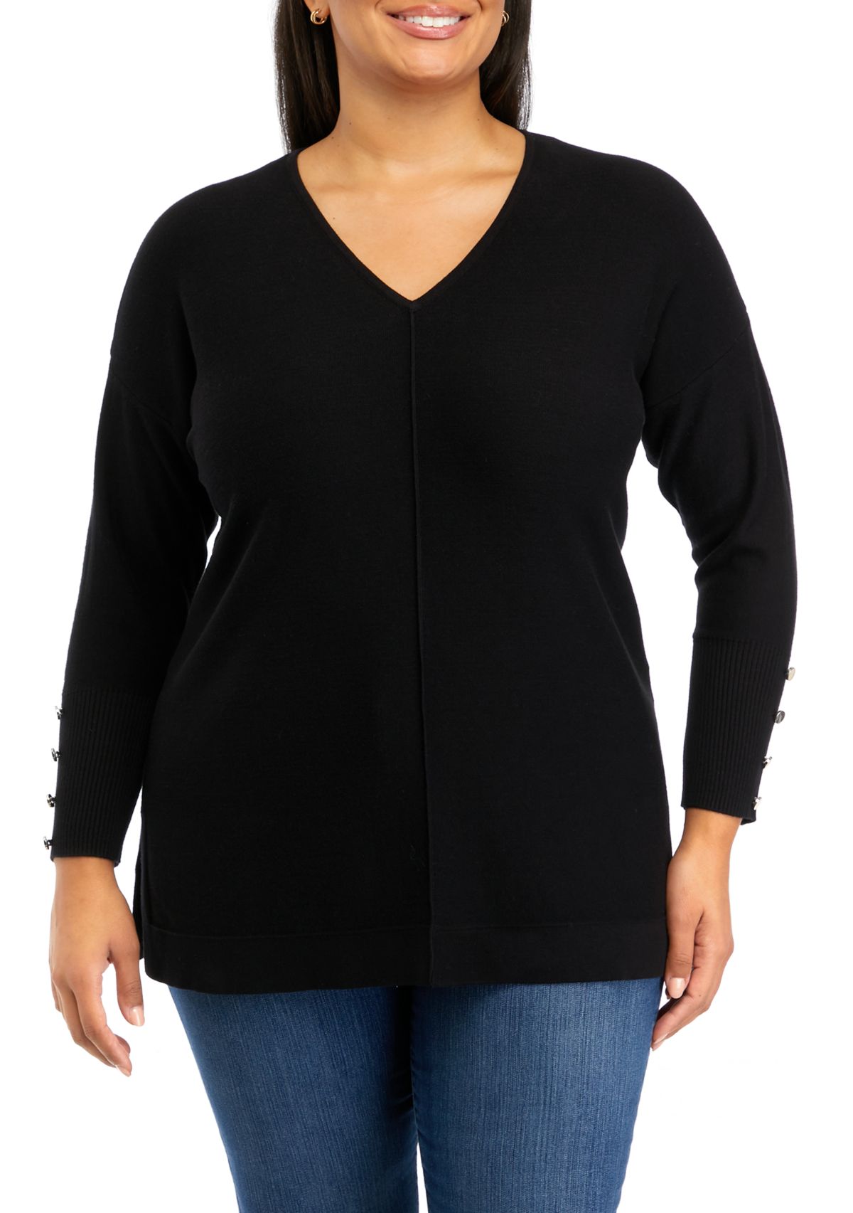 Plus Size Drop Shoulder Sweater with Buttons 