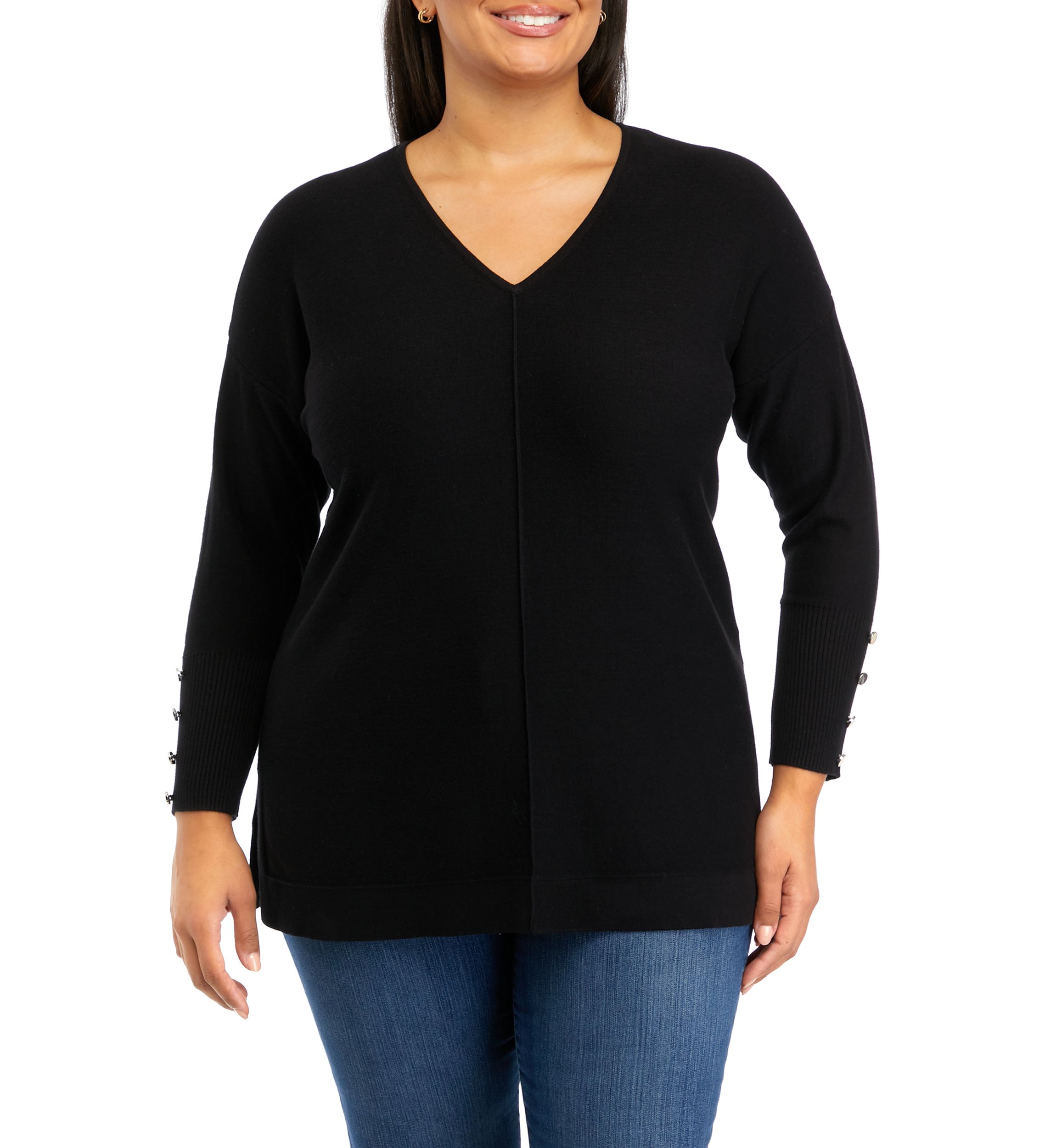 Plus Size Drop Shoulder Sweater with Buttons 