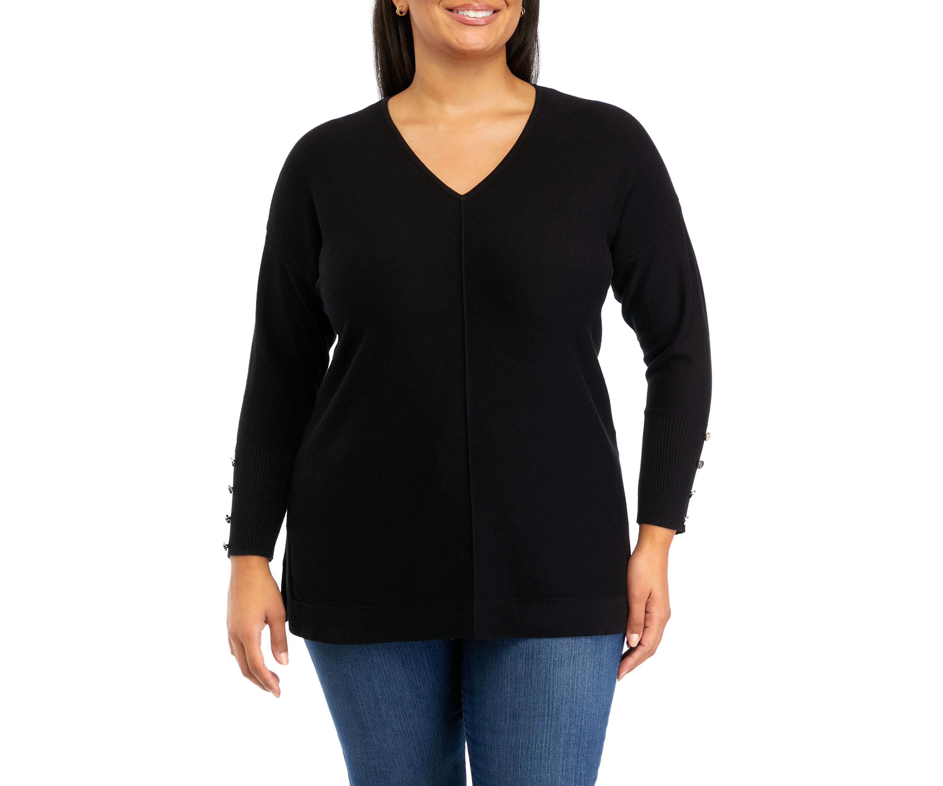 Plus Size Drop Shoulder Sweater with Buttons 