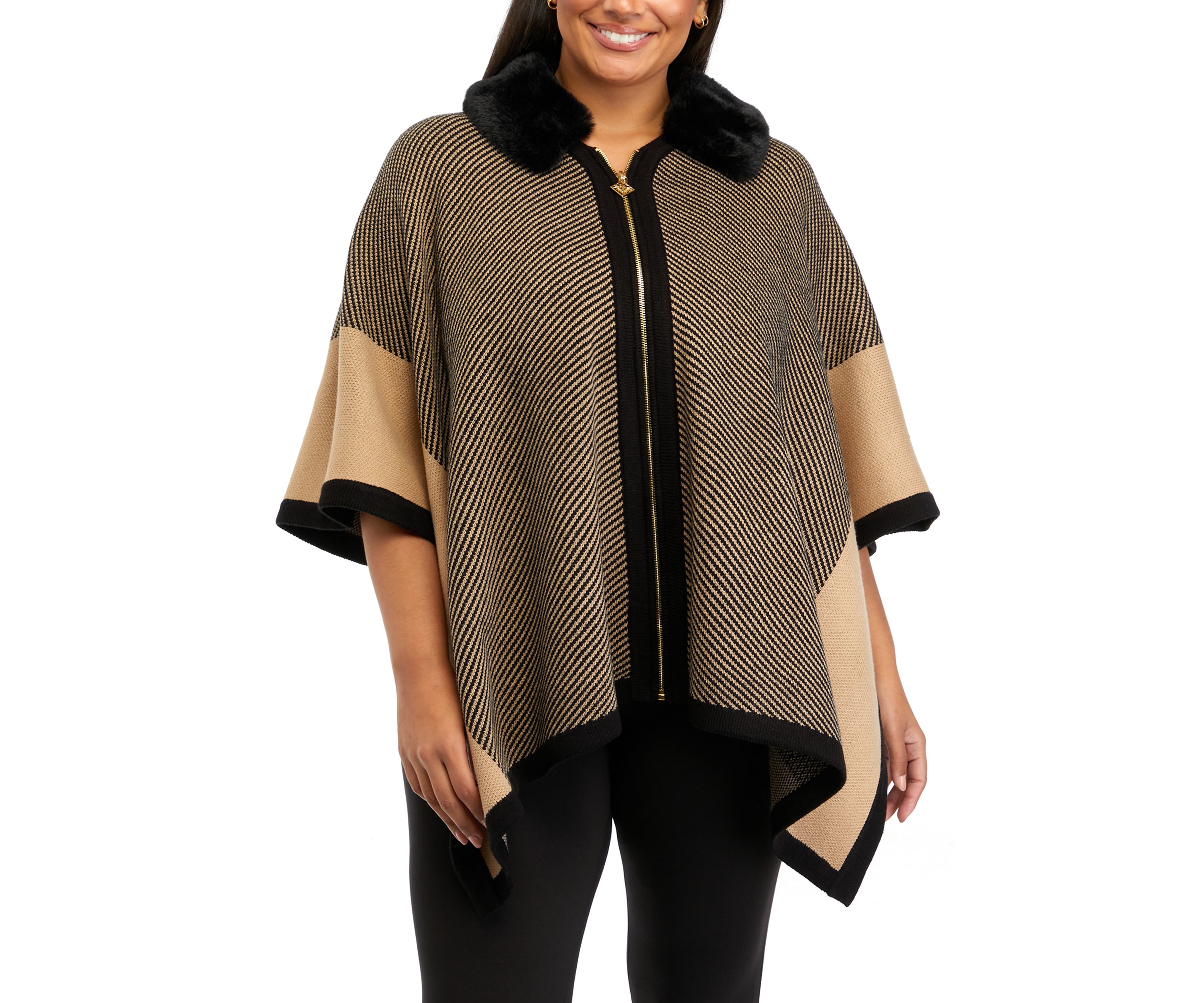 Plus Size Fur Trimmed Zip Front Poncho