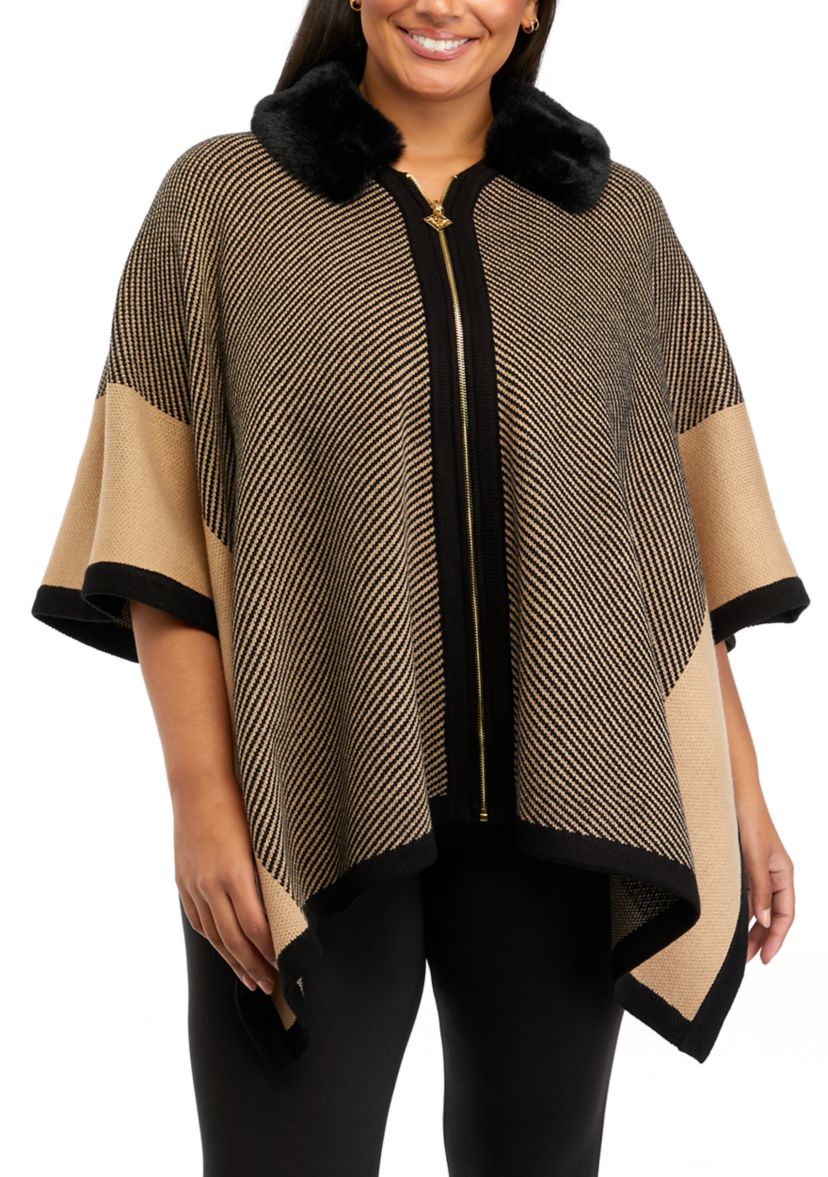 Plus Size Fur Trimmed Zip Front Poncho