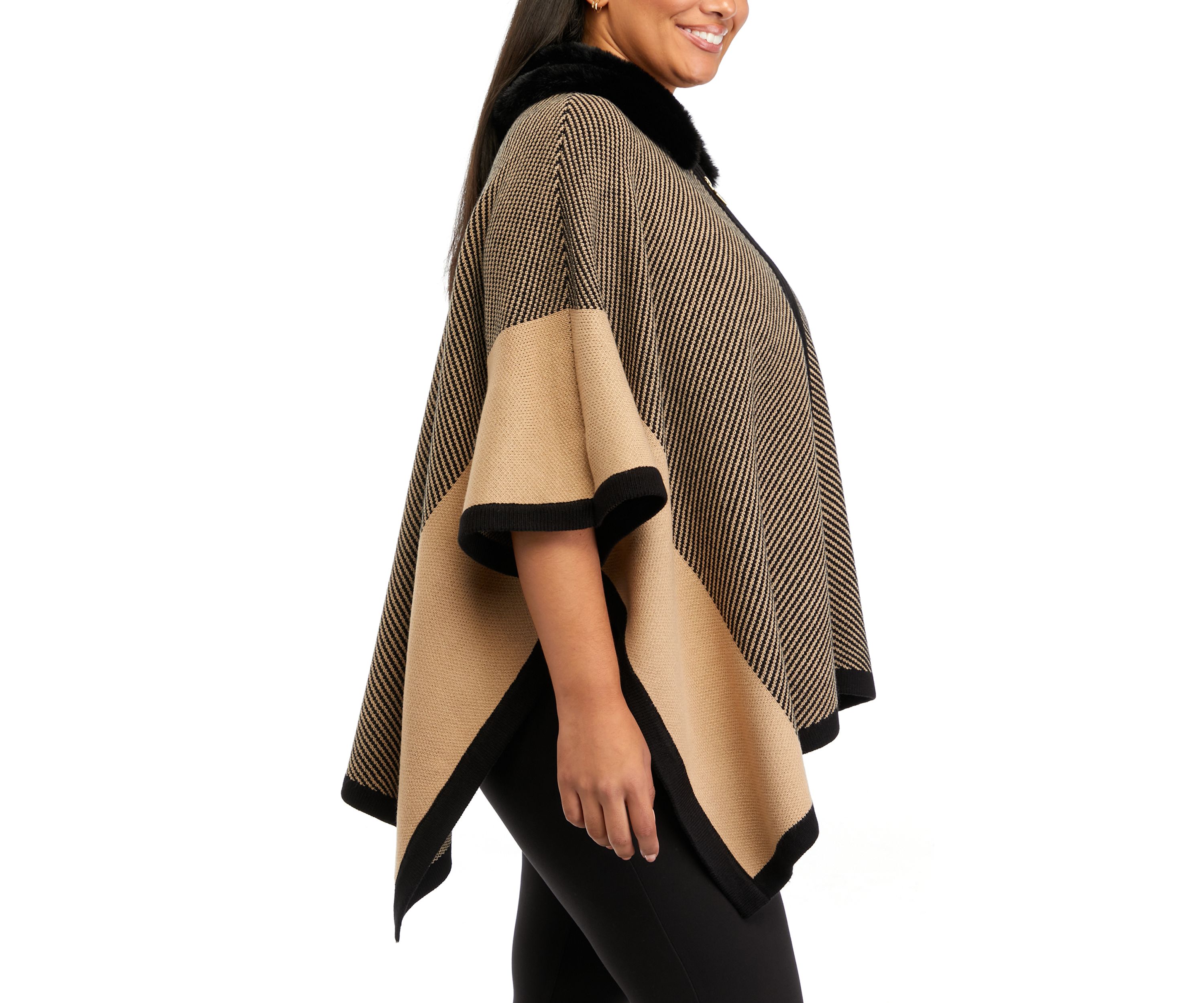 Plus Size Fur Trimmed Zip Front Poncho