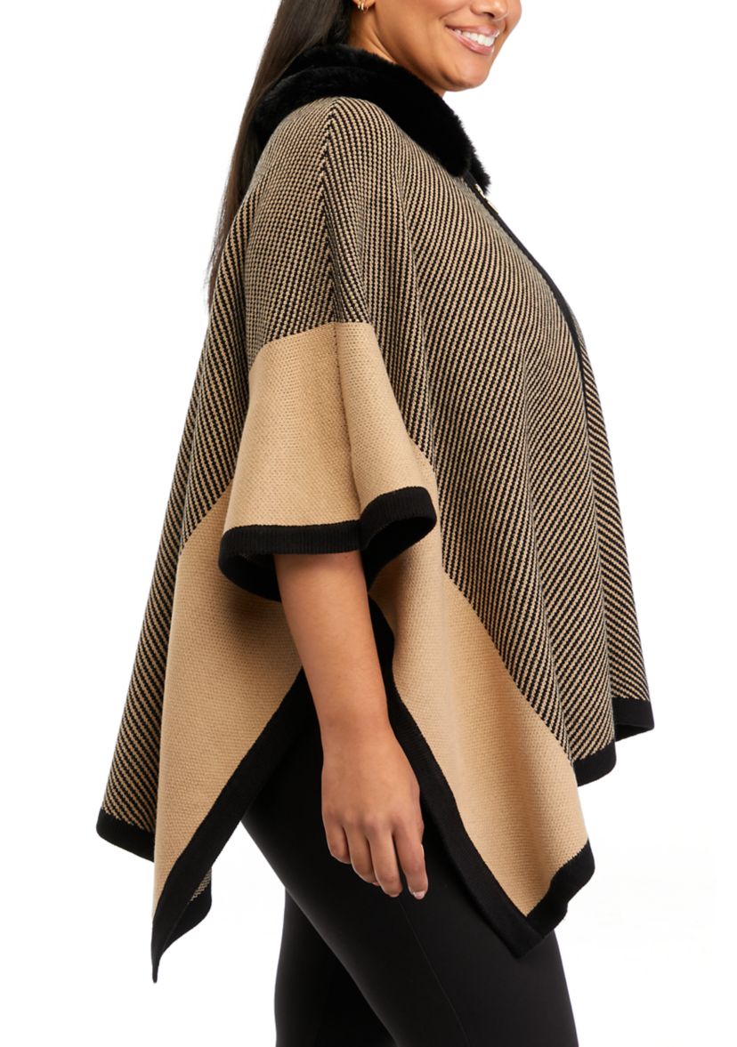 Plus Size Fur Trimmed Zip Front Poncho