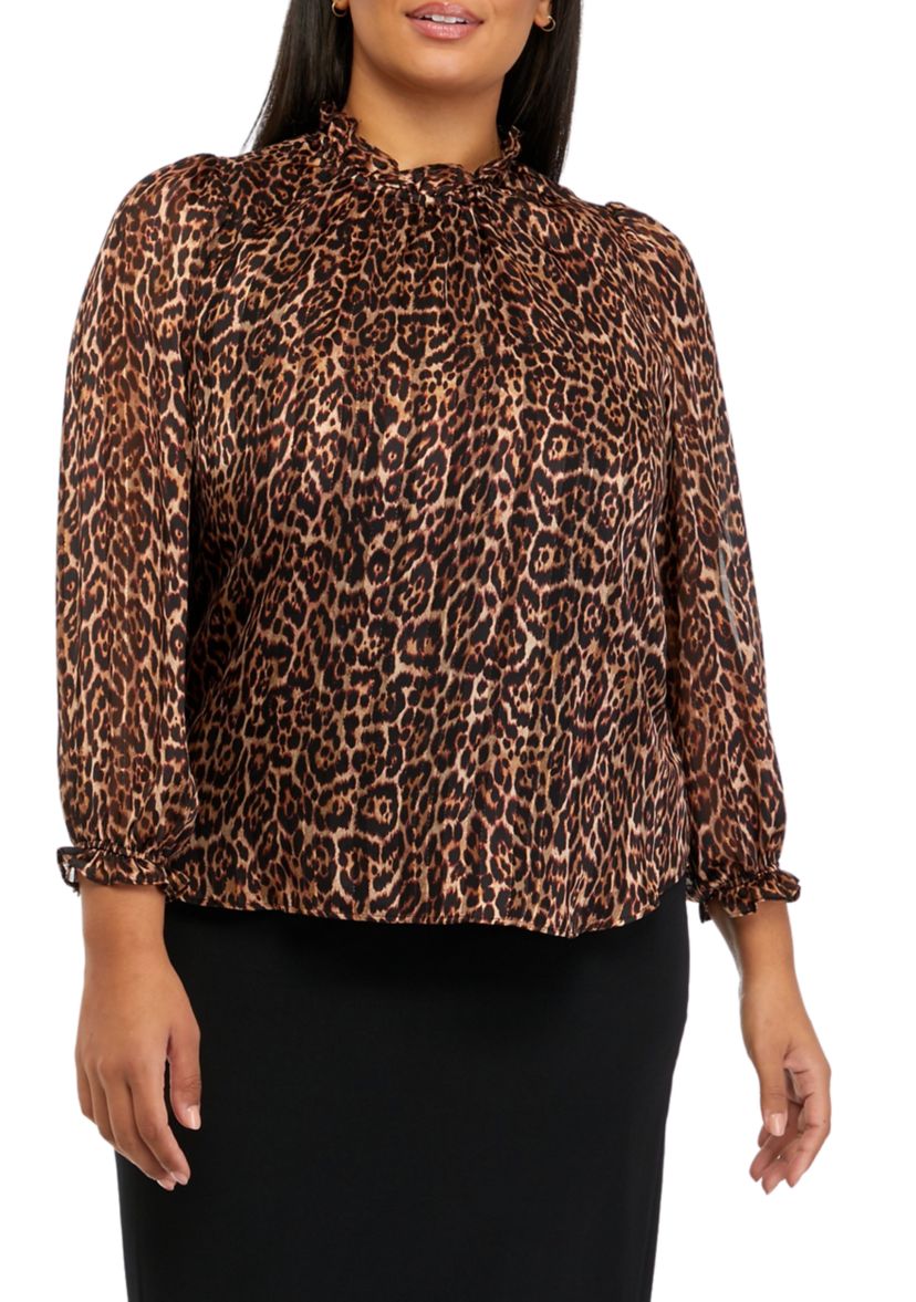 Plus Size Long Sleeve Ruffle Neck Blouse 