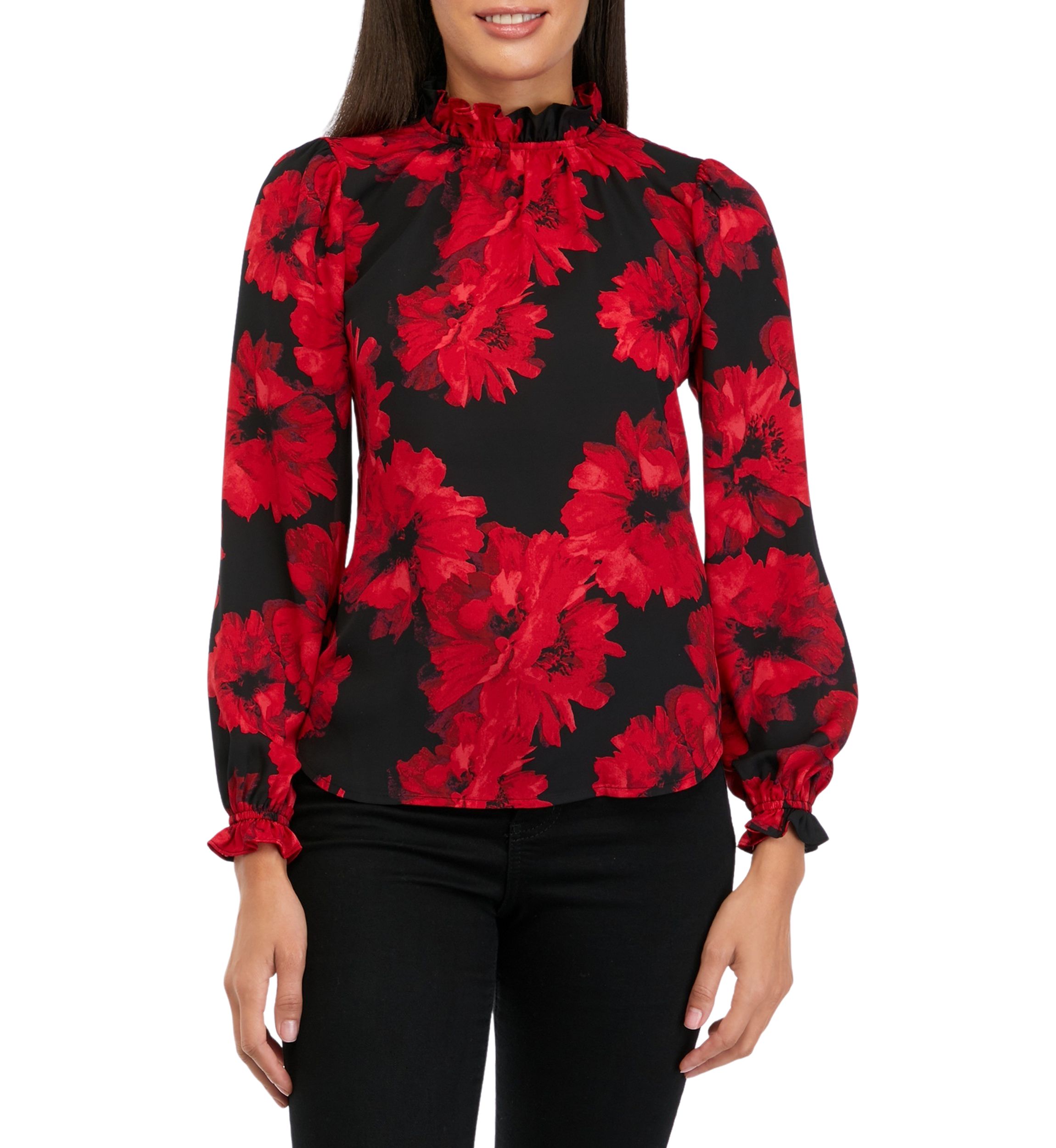 Womens Floral Printed Ruffle Neck Blouse