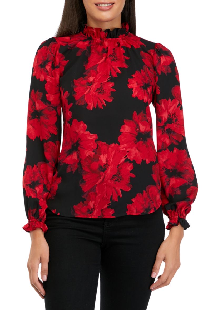 Womens Floral Printed Ruffle Neck Blouse