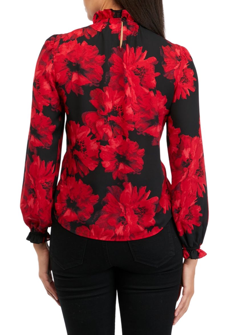 Womens Floral Printed Ruffle Neck Blouse