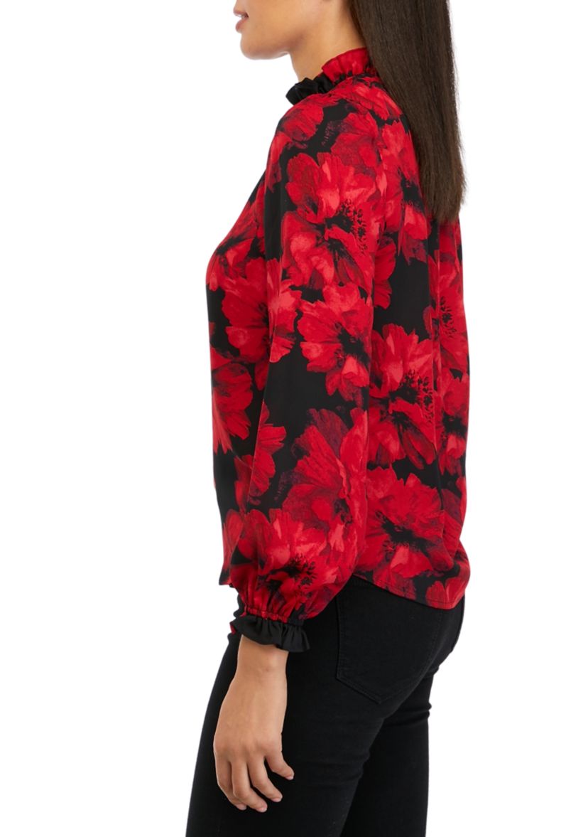 Womens Floral Printed Ruffle Neck Blouse