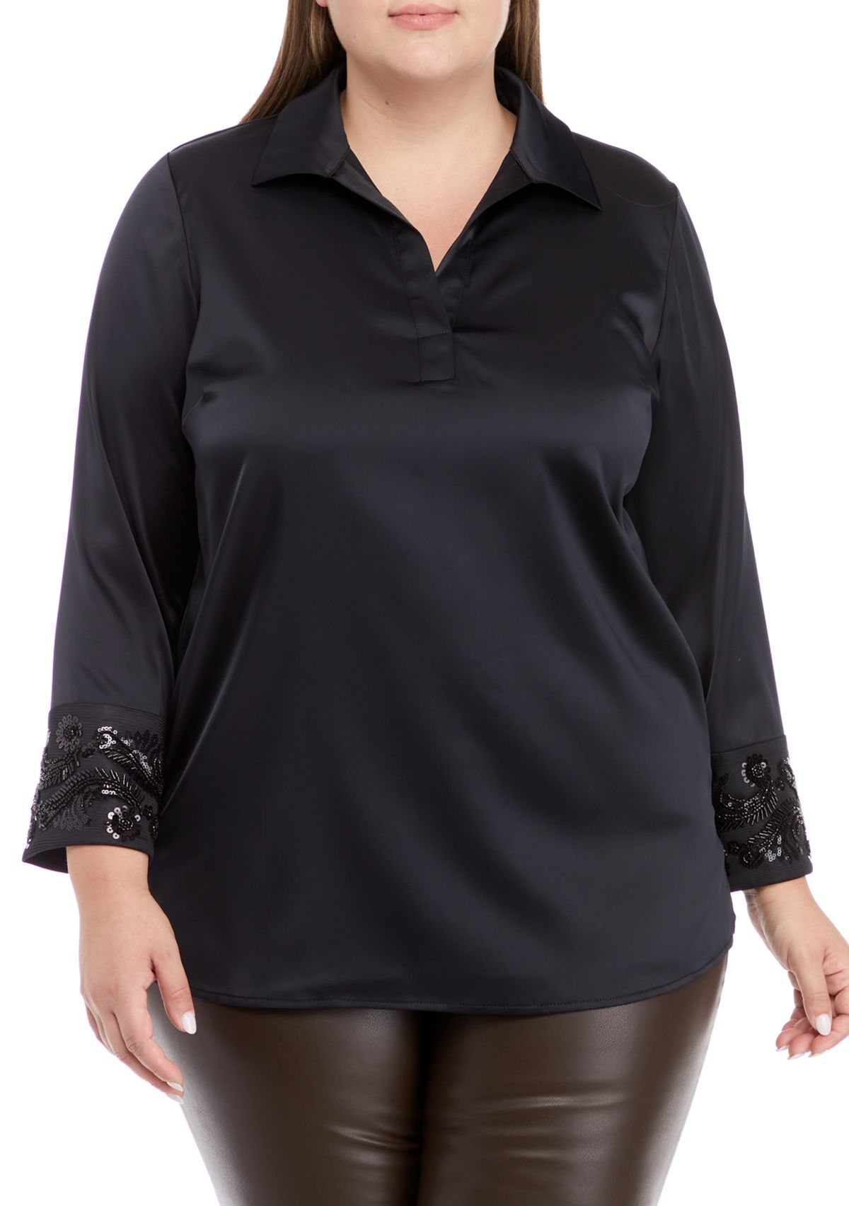 Plus Size Bracelet Length Embellished Cuff Blouse