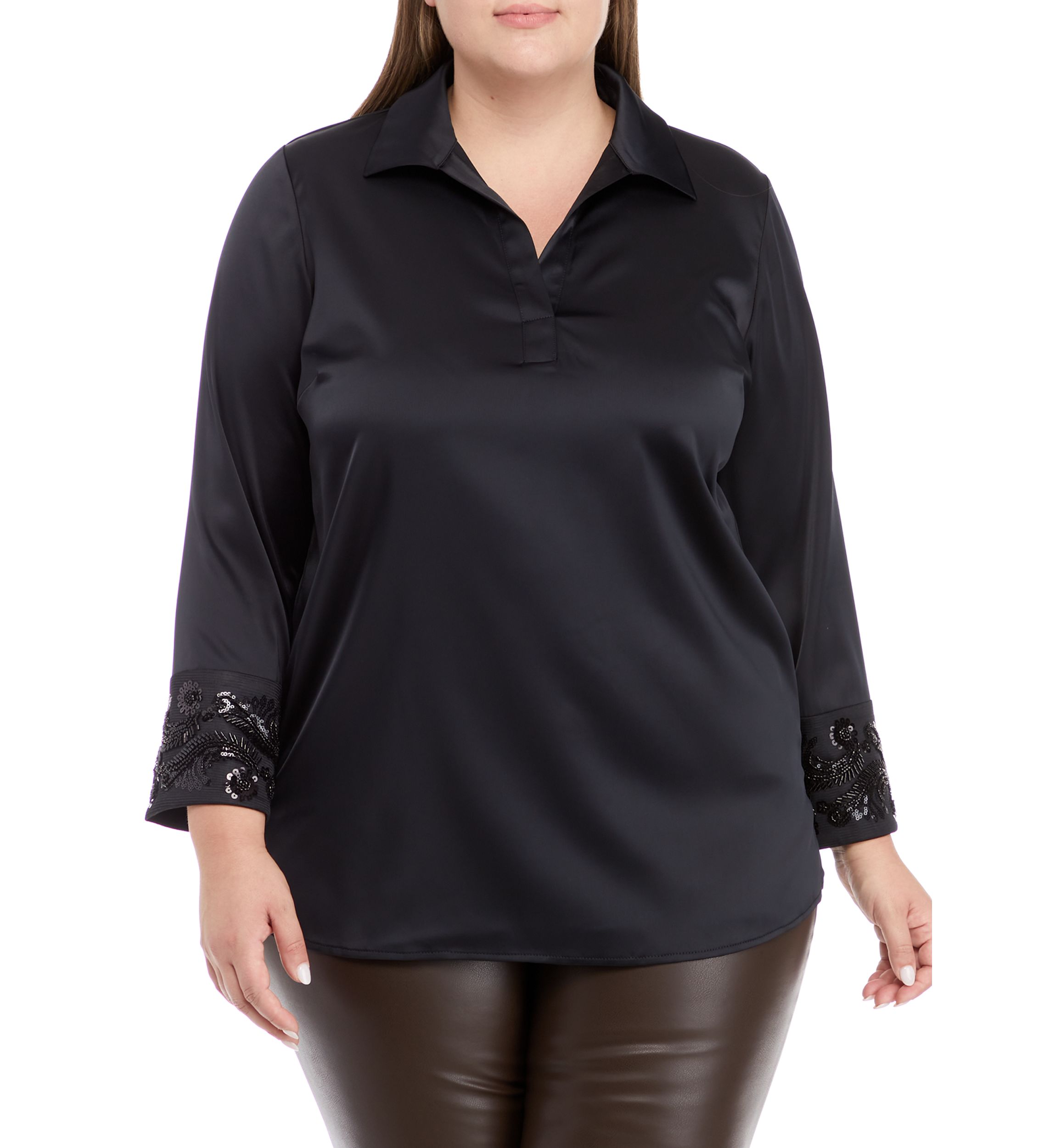 Plus Size Bracelet Length Embellished Cuff Blouse