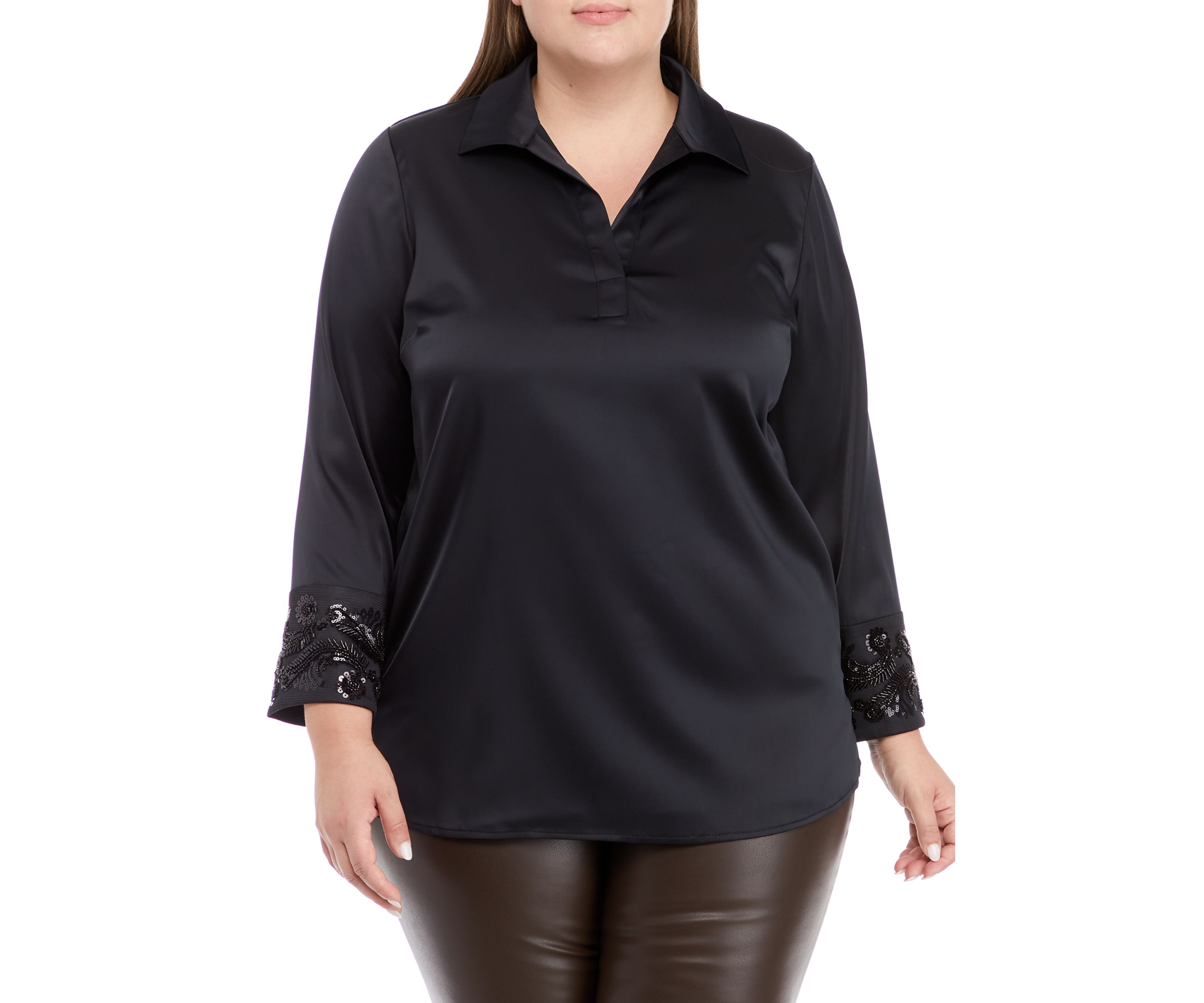 Plus Size Bracelet Length Embellished Cuff Blouse