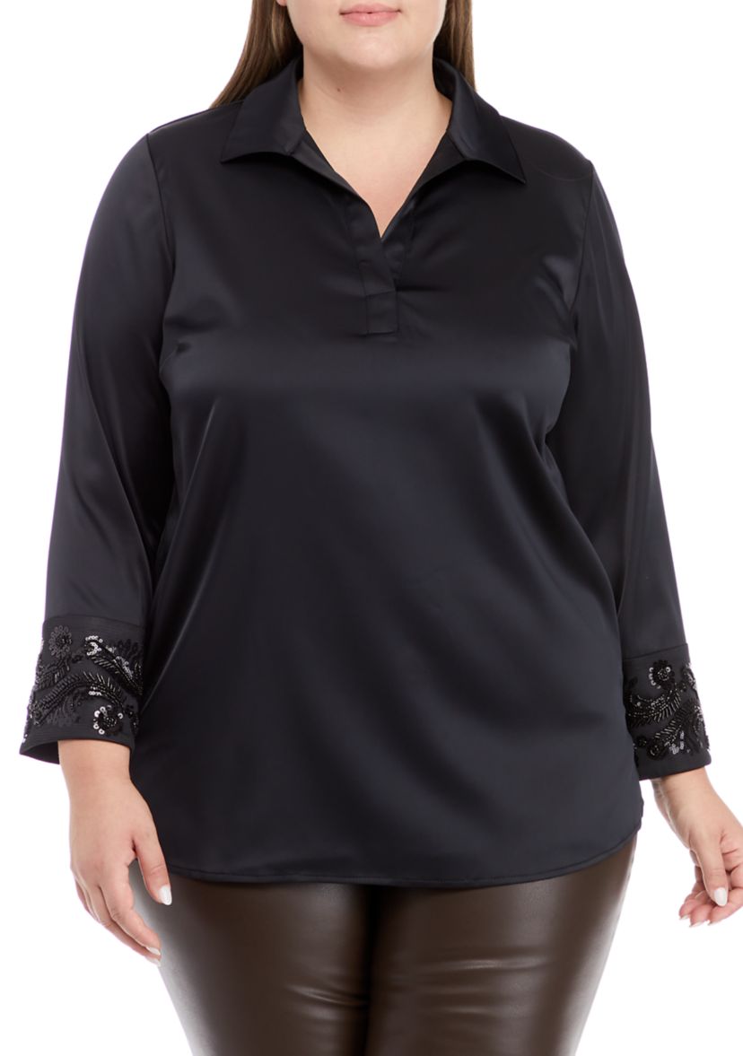 Plus Size Bracelet Length Embellished Cuff Blouse