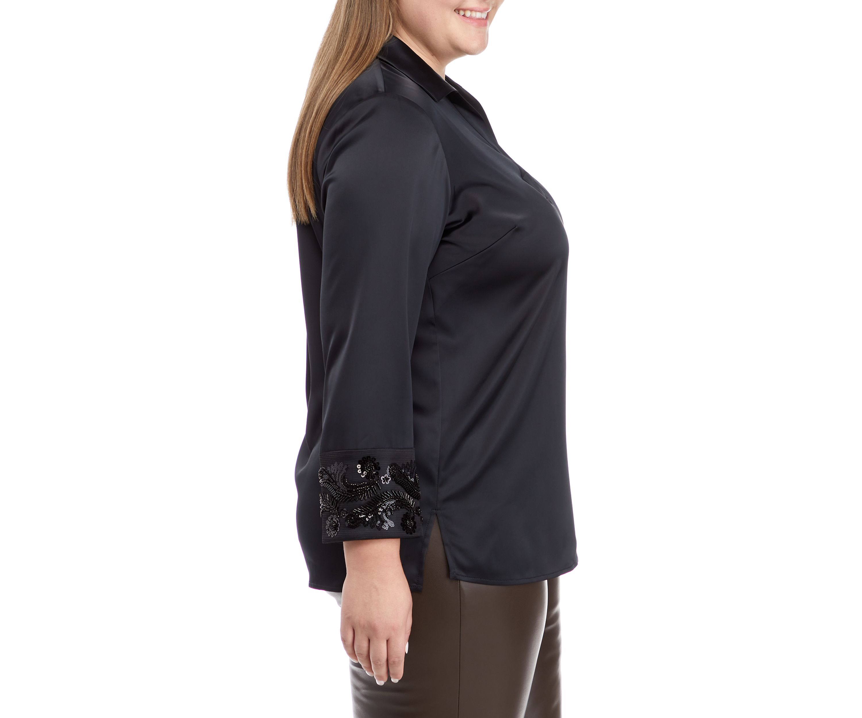 Plus Size Bracelet Length Embellished Cuff Blouse