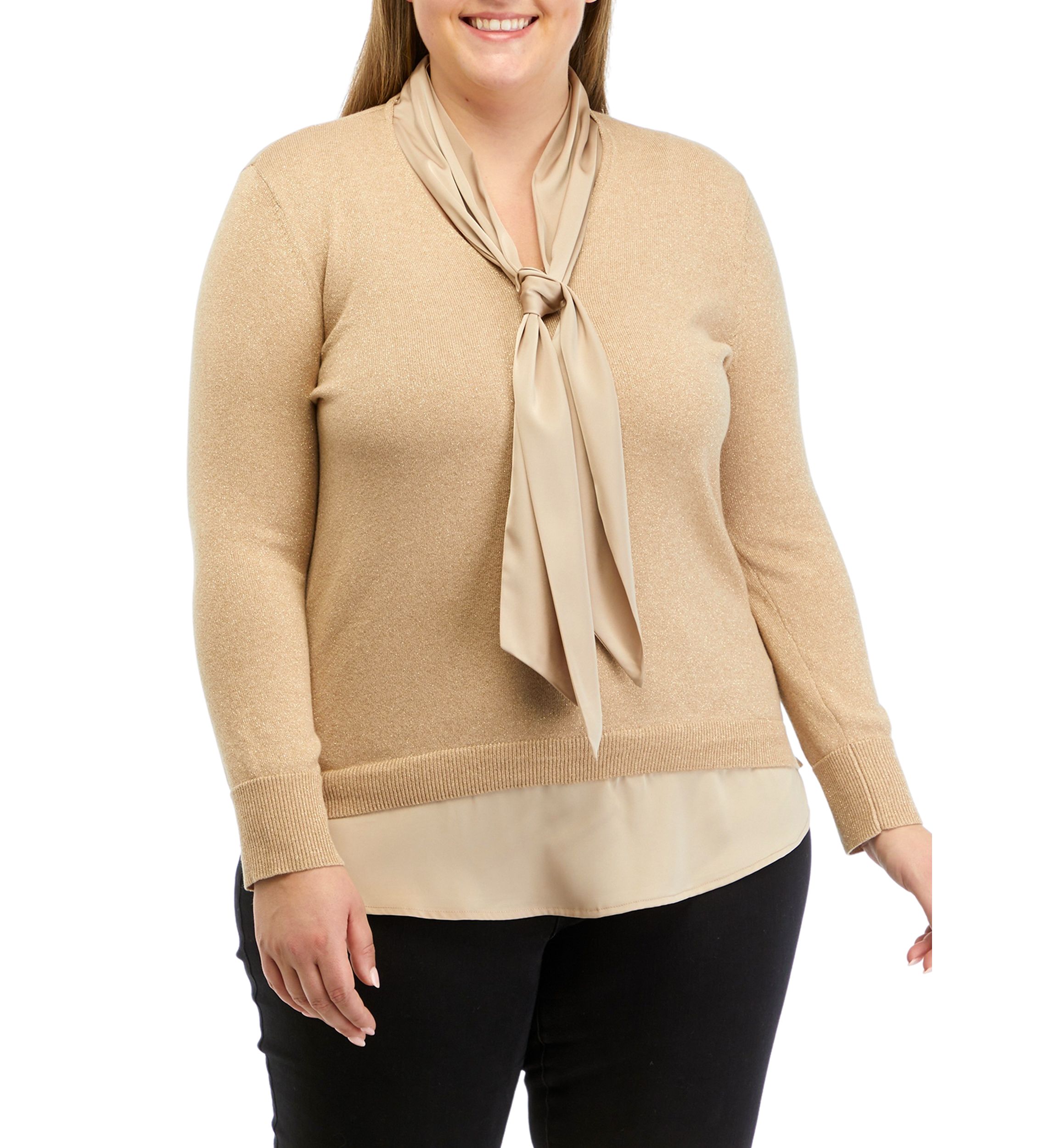 Plus Size Lurex Long Sleeve Tie Neck 2Fer Top with Shirttail Hem