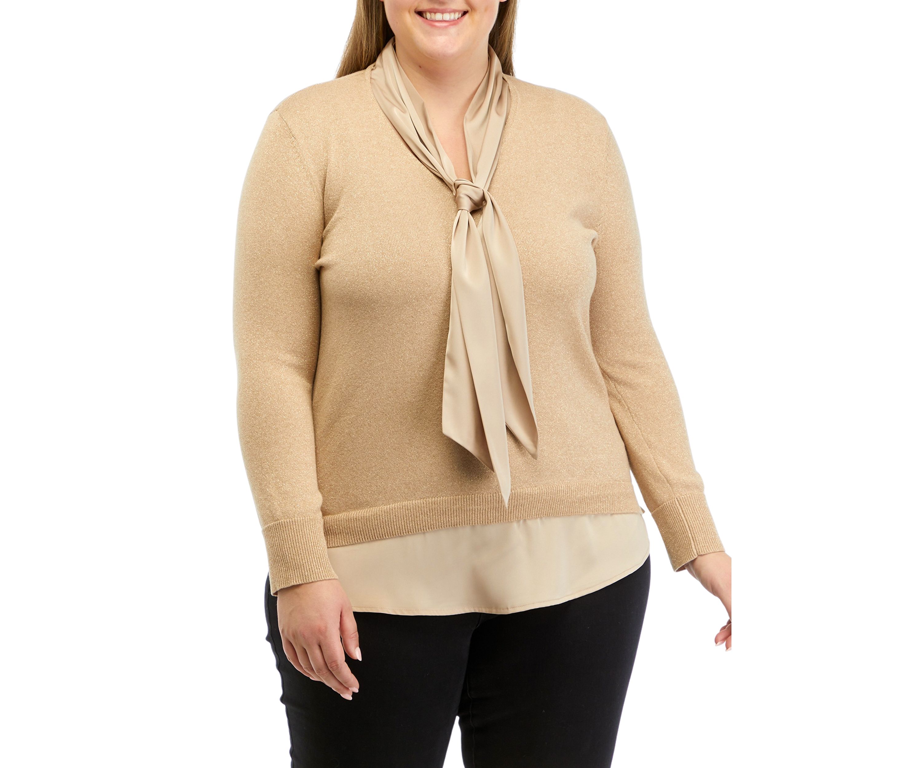 Plus Size Lurex Long Sleeve Tie Neck 2Fer Top with Shirttail Hem