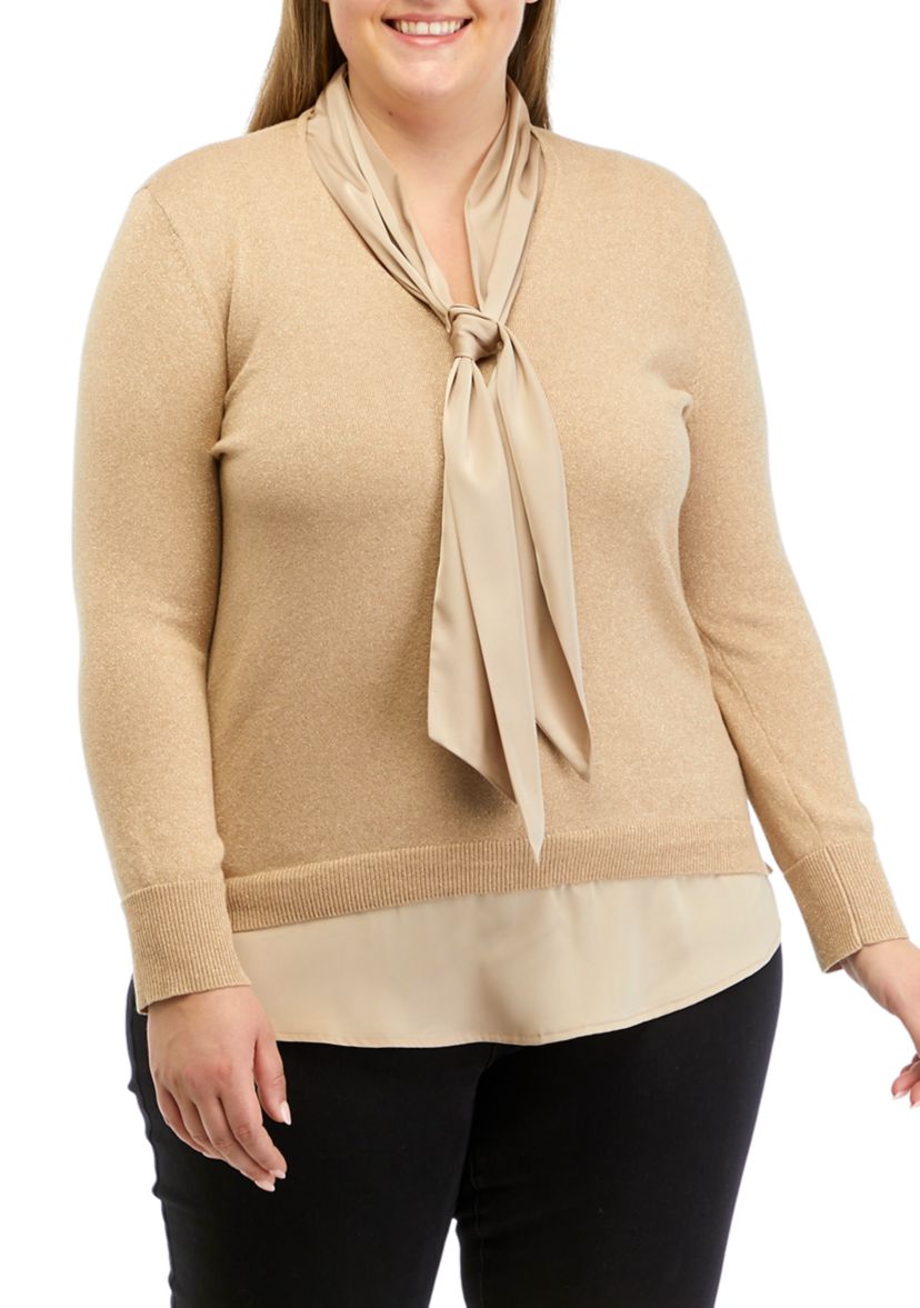 Plus Size Lurex Long Sleeve Tie Neck 2Fer Top with Shirttail Hem