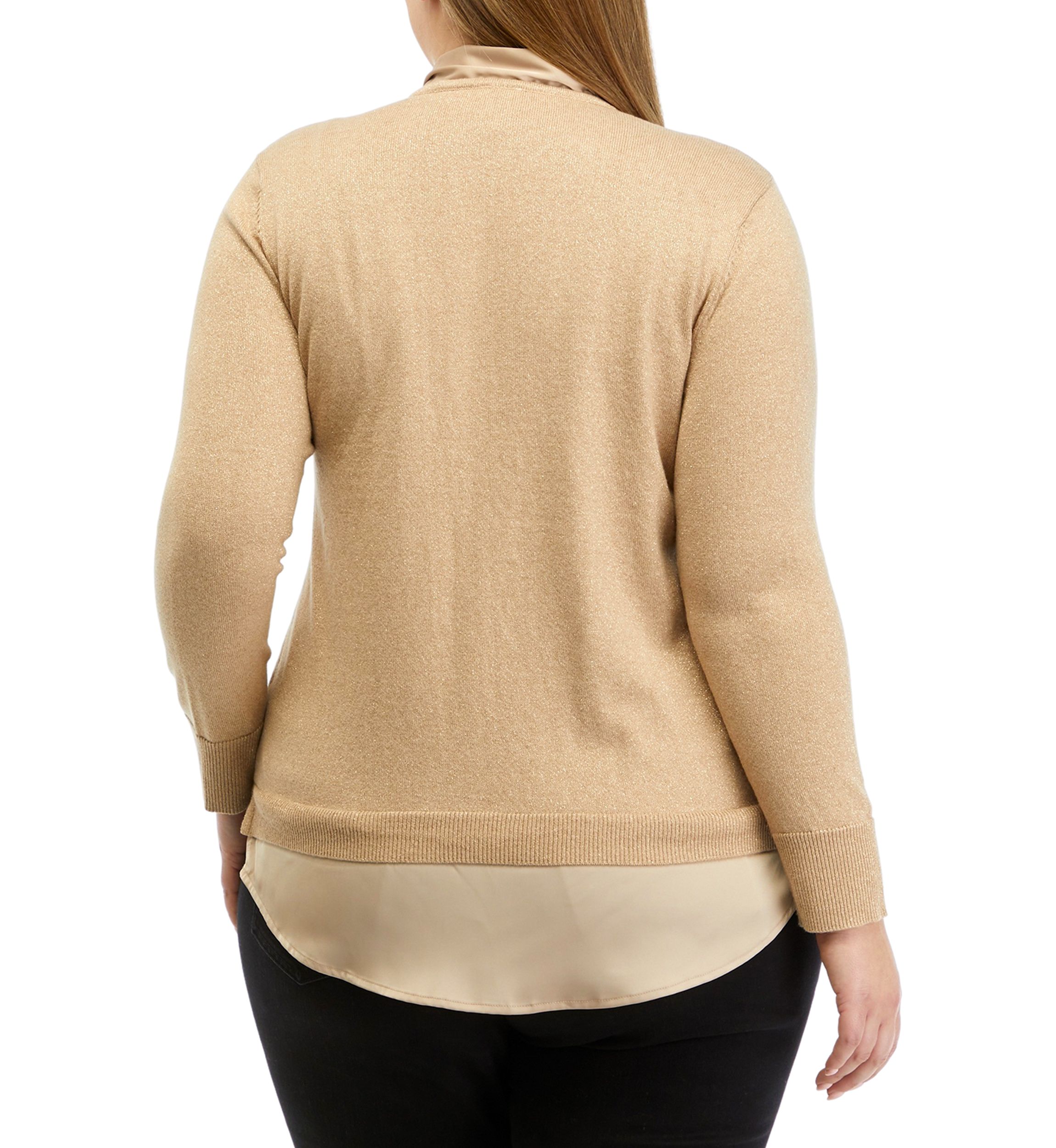 Plus Size Lurex Long Sleeve Tie Neck 2Fer Top with Shirttail Hem