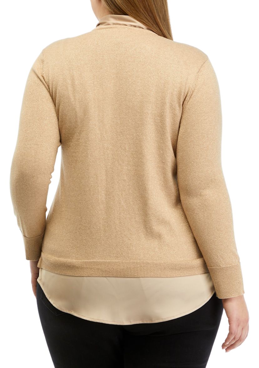 Plus Size Lurex Long Sleeve Tie Neck 2Fer Top with Shirttail Hem