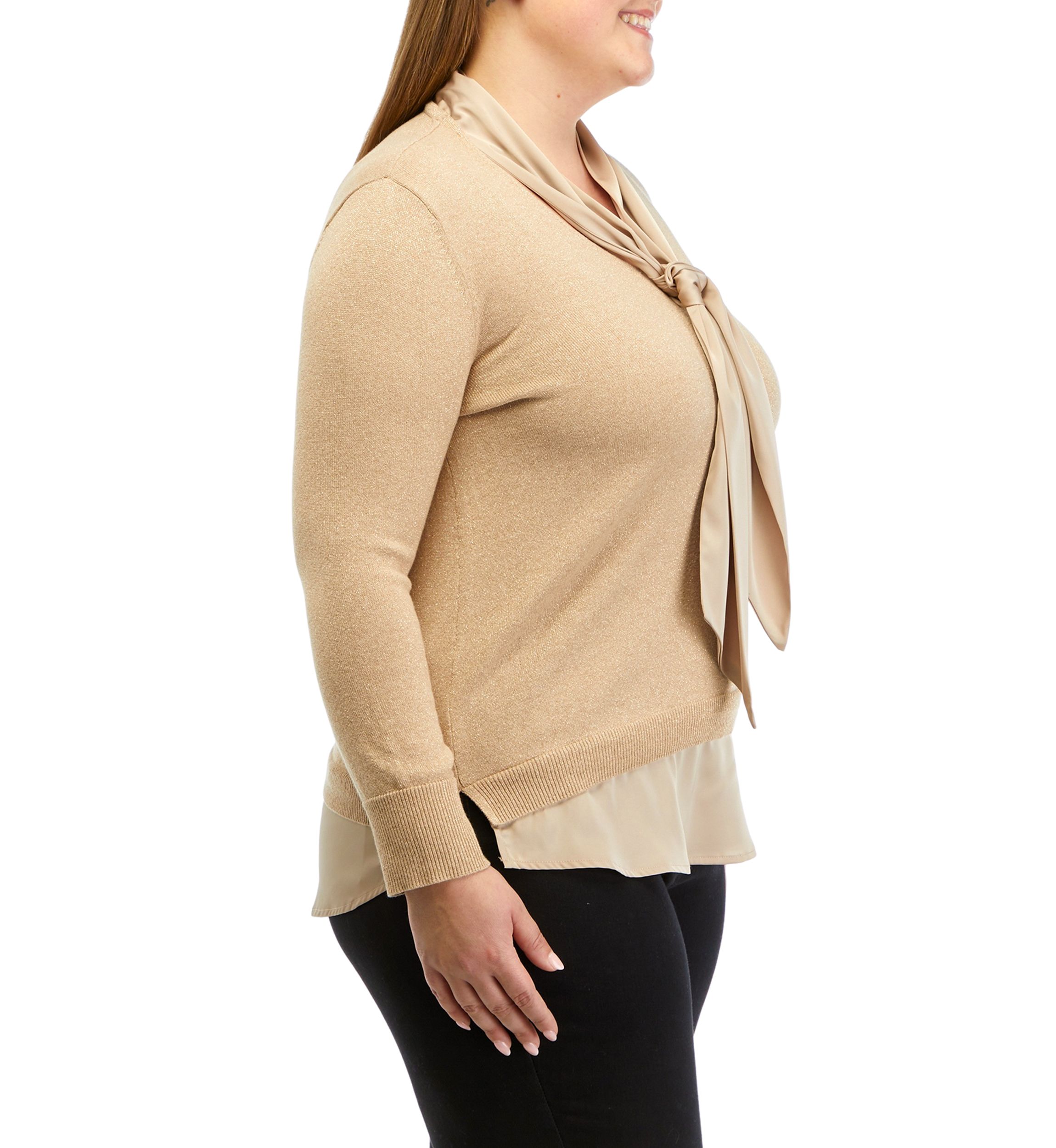 Plus Size Lurex Long Sleeve Tie Neck 2Fer Top with Shirttail Hem