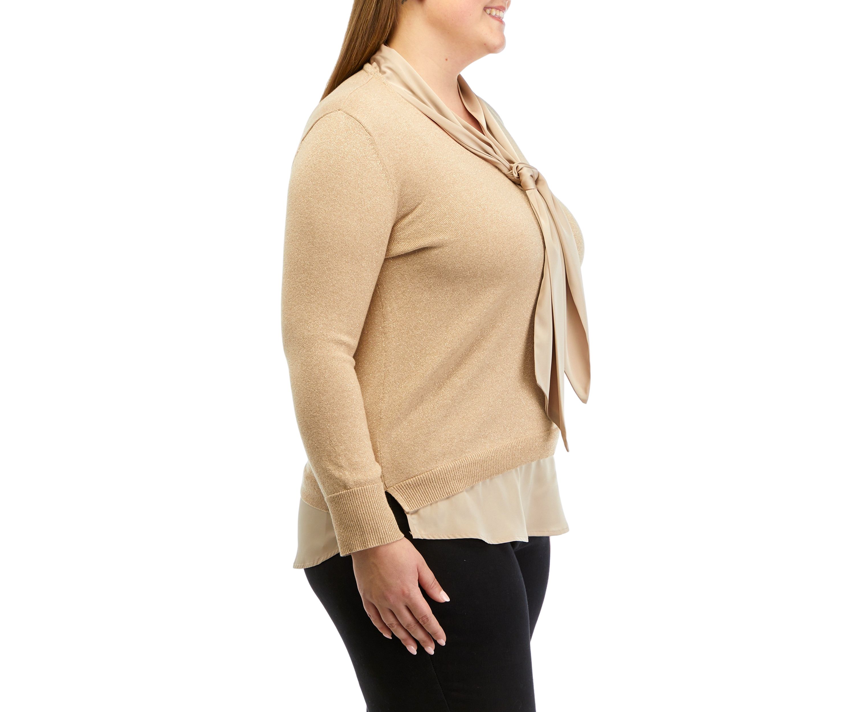 Plus Size Lurex Long Sleeve Tie Neck 2Fer Top with Shirttail Hem