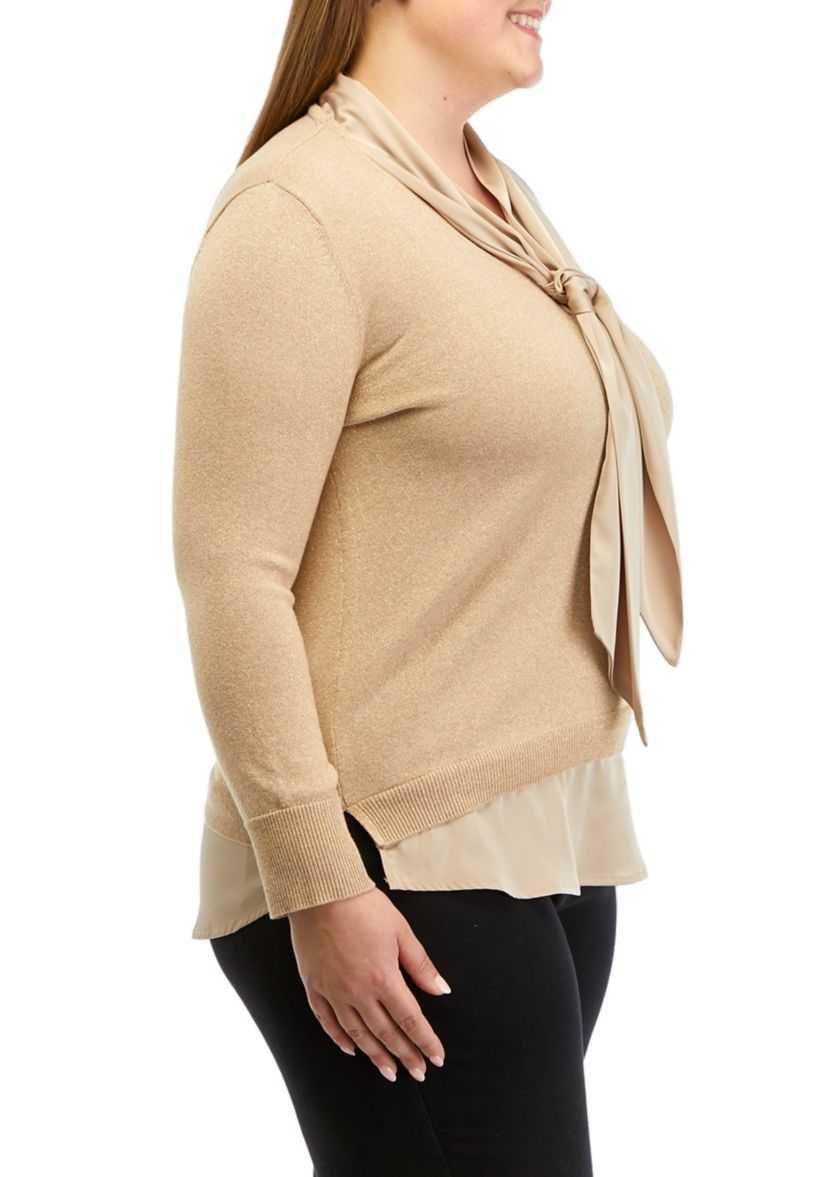 Plus Size Lurex Long Sleeve Tie Neck 2Fer Top with Shirttail Hem