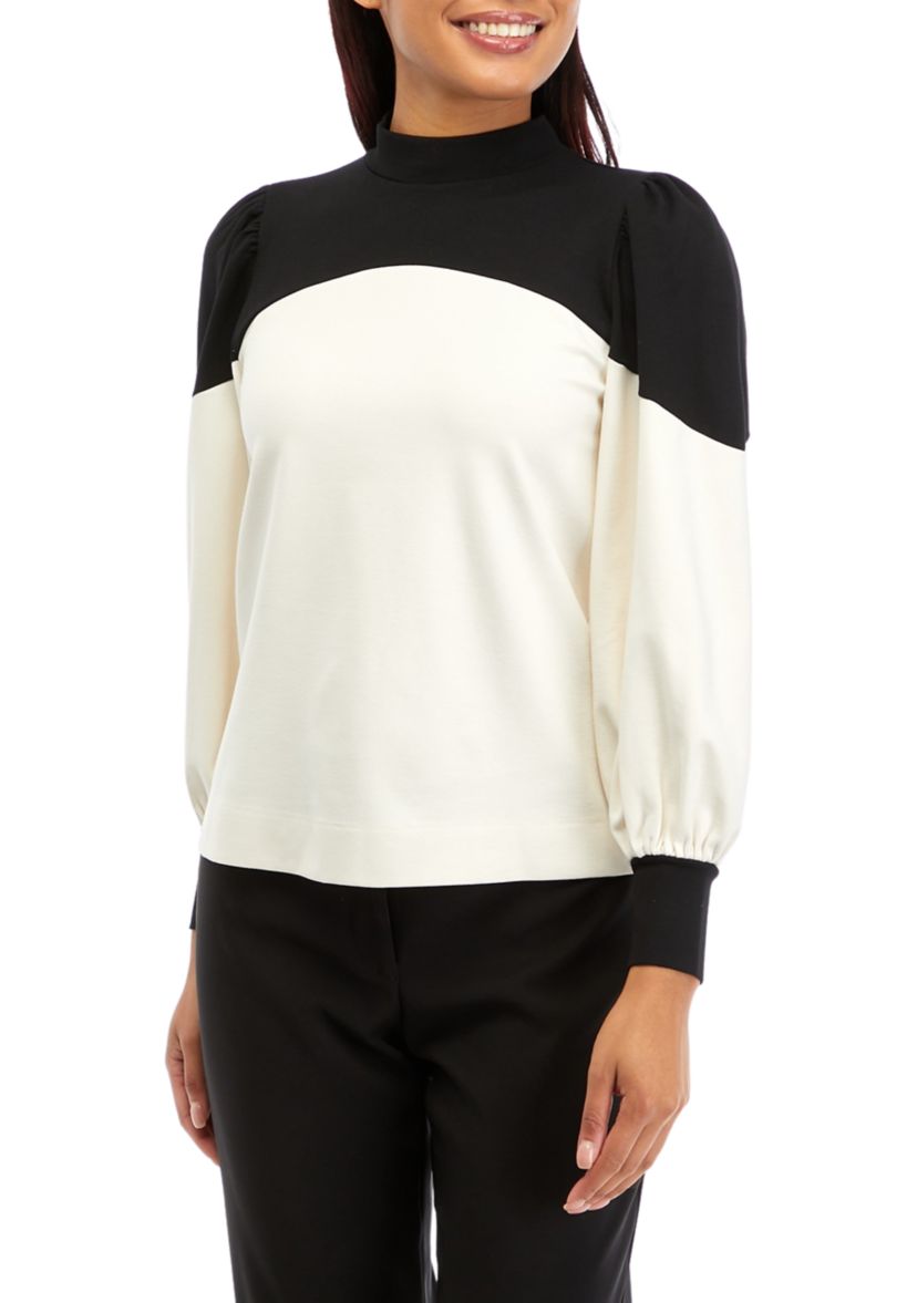 Womens NYC Compression Color Blocked Mock Neck Top