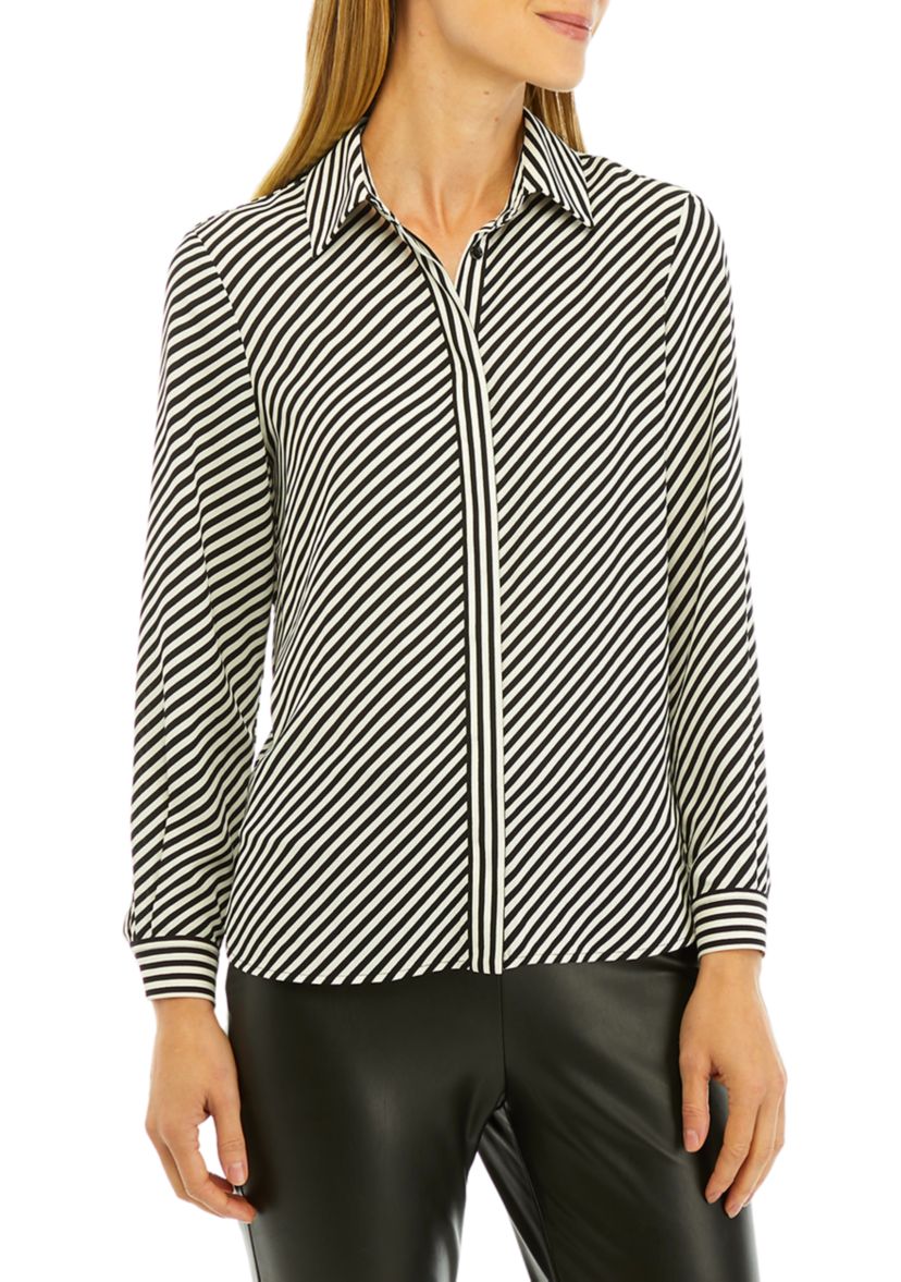Petite Long Sleeve Covered Placket Oxford Shirt with Cuffs