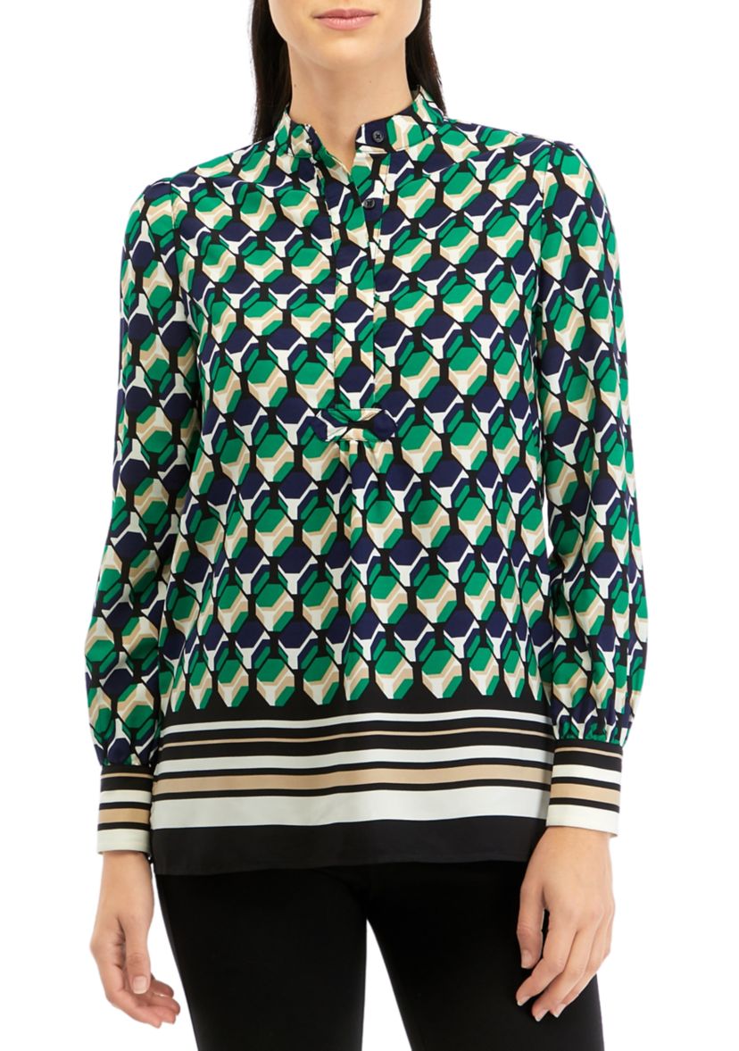 Womens Printed Popover Top with Straight Hem