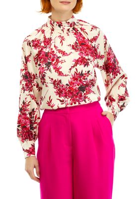 Anne Klein Women's Petite Long Sleeve Mock Neck Satin Blouse, PM
