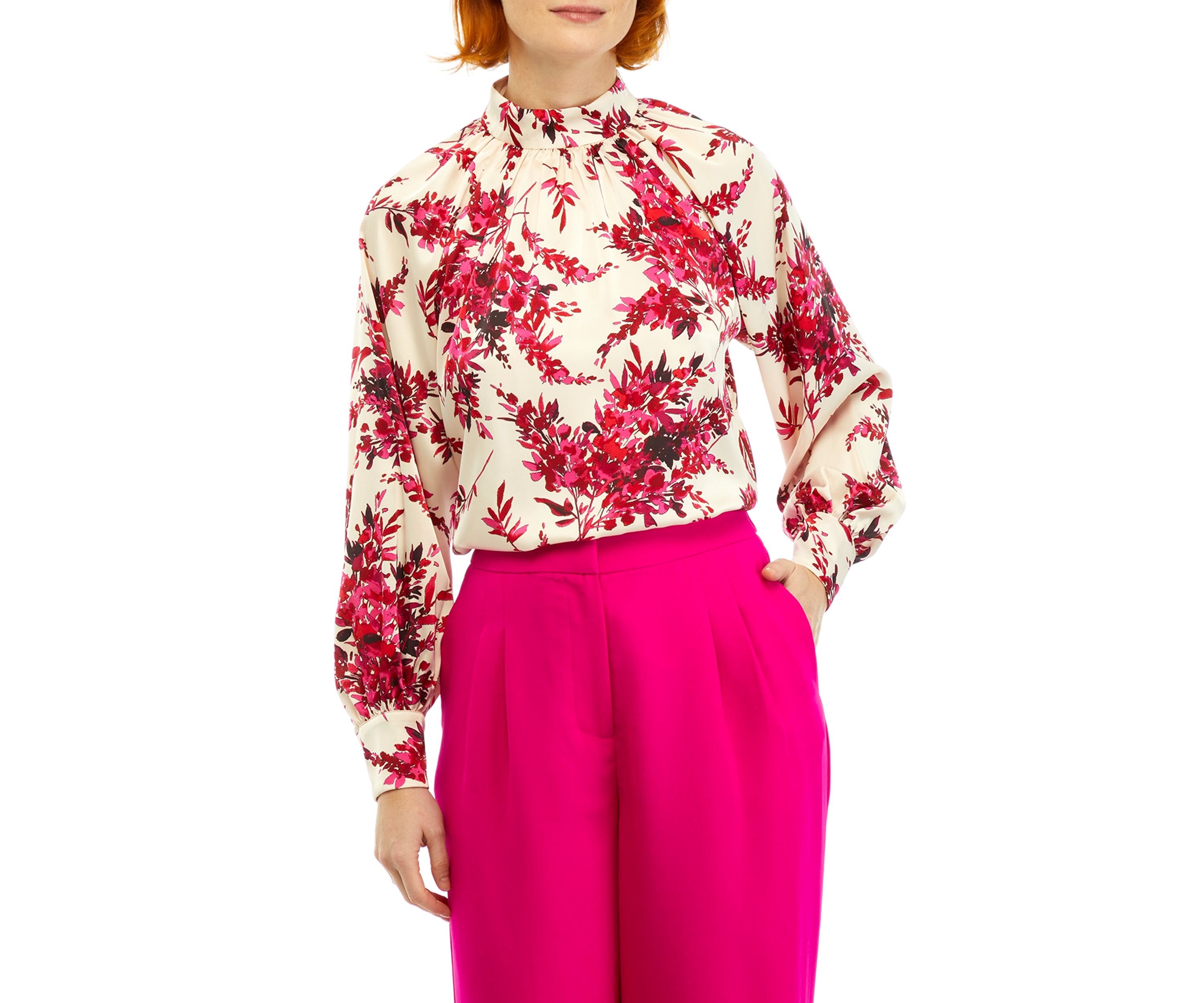 Petite Long Sleeve Mock Neck Satin Blouse