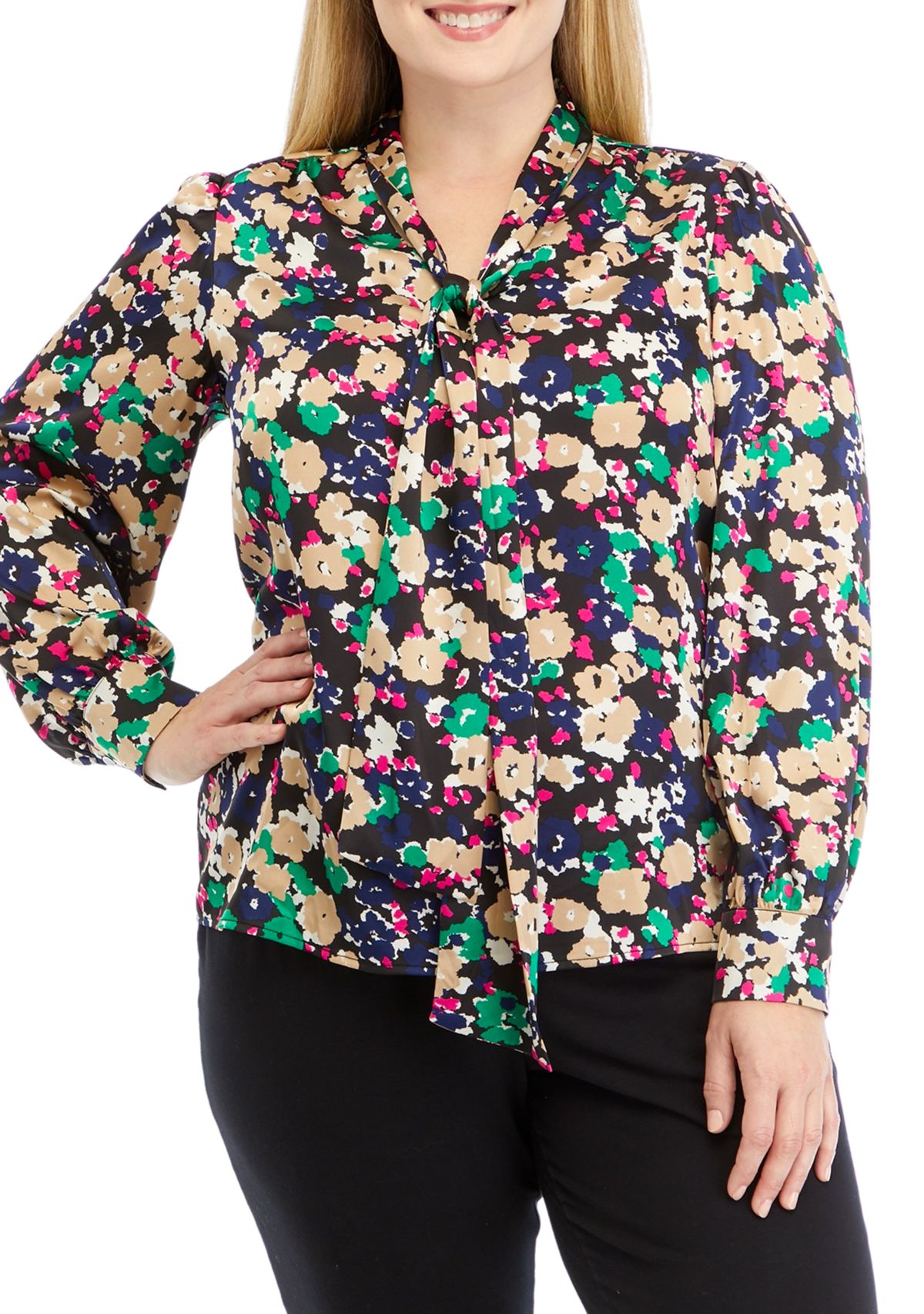 Plus Size Long Sleeve Tie Neck Blouse 