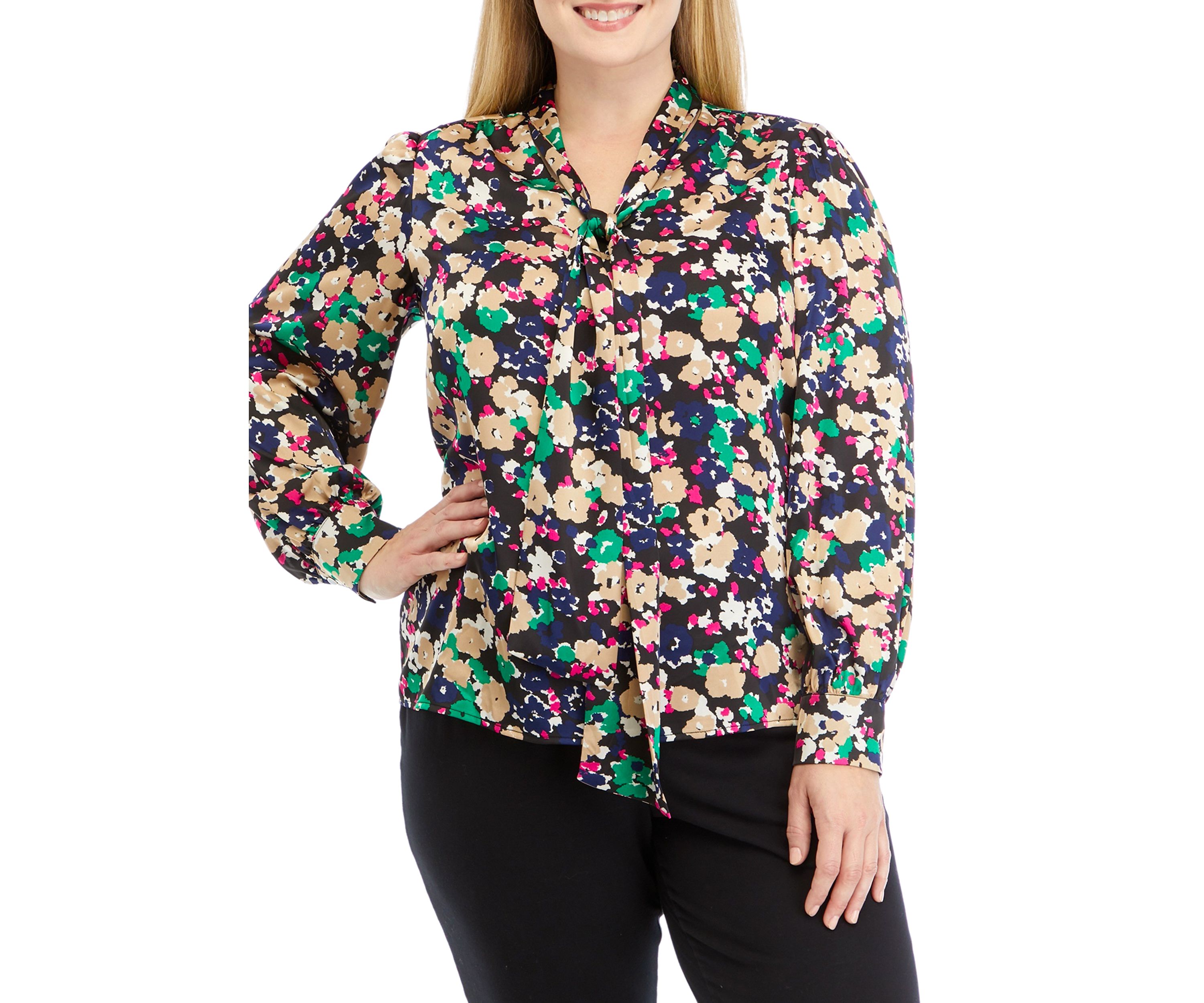 Plus Size Long Sleeve Tie Neck Blouse 